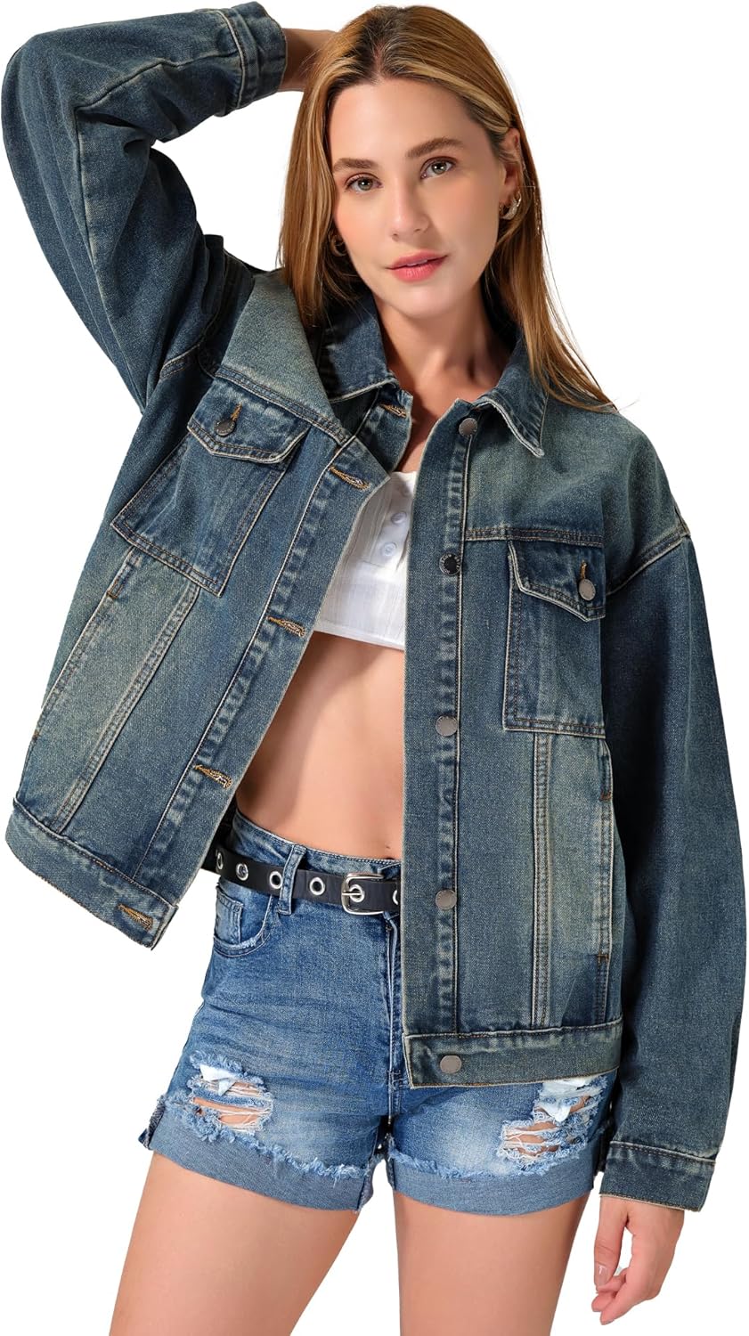 roswear Jean Jacket Women Oversized Long Sleeves Button Up Washed Denim Western Jackets Trucker Coat