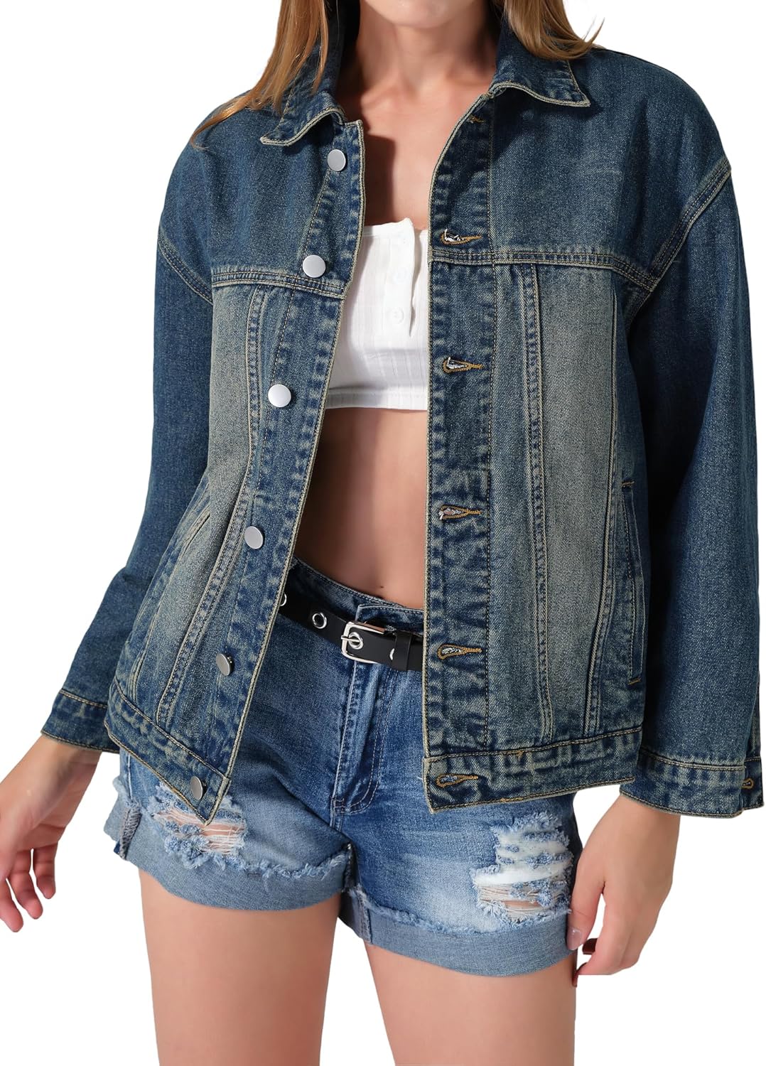 roswear Women\u2019s Denim Jackets Oversized Button Long Sleeve Washed Jean Trucker Jacket with Pockets