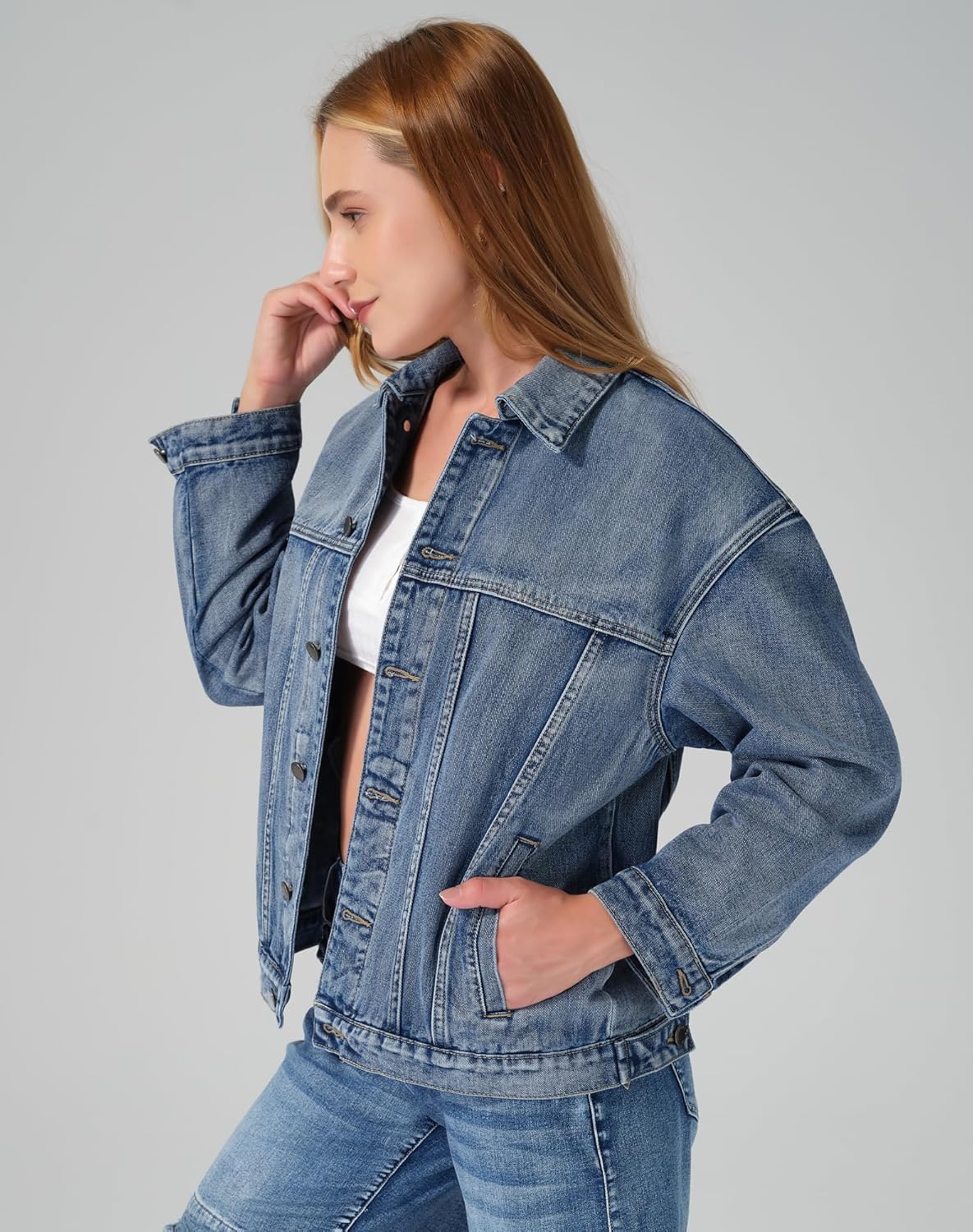 roswear Women\u2019s Denim Jackets Oversized Button Long Sleeve Washed Jean Trucker Jacket with Pockets