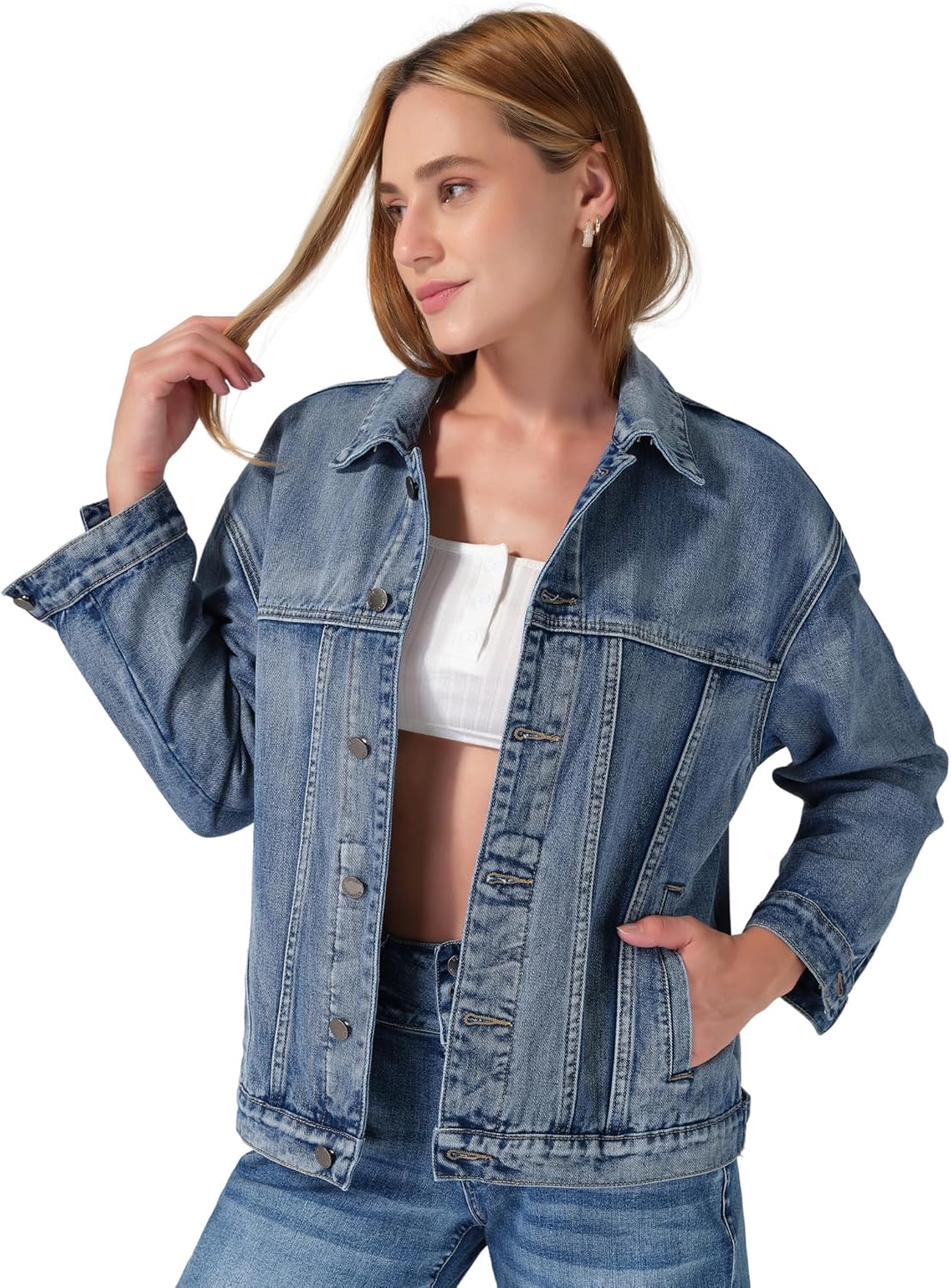 roswear Women\u2019s Denim Jackets Oversized Button Long Sleeve Washed Jean Trucker Jacket with Pockets