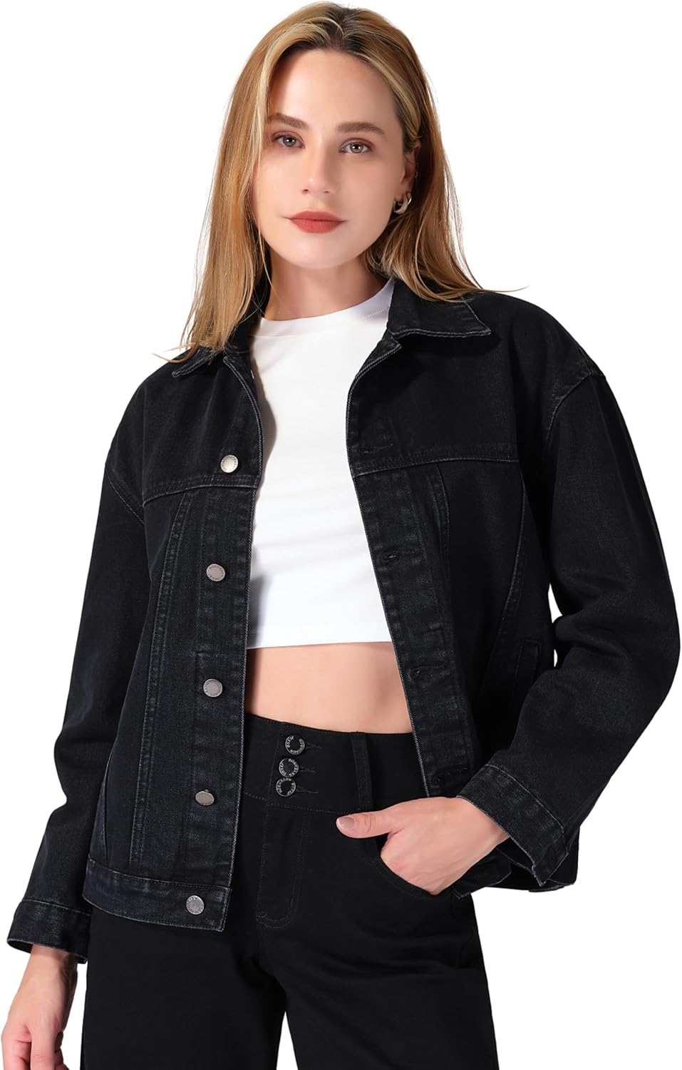 roswear Women\u2019s Denim Jackets Oversized Button Long Sleeve Washed Jean Trucker Jacket with Pockets
