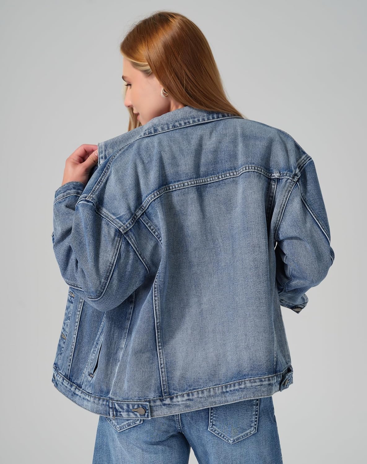 roswear Women\u2019s Denim Jackets Oversized Button Long Sleeve Washed Jean Trucker Jacket with Pockets