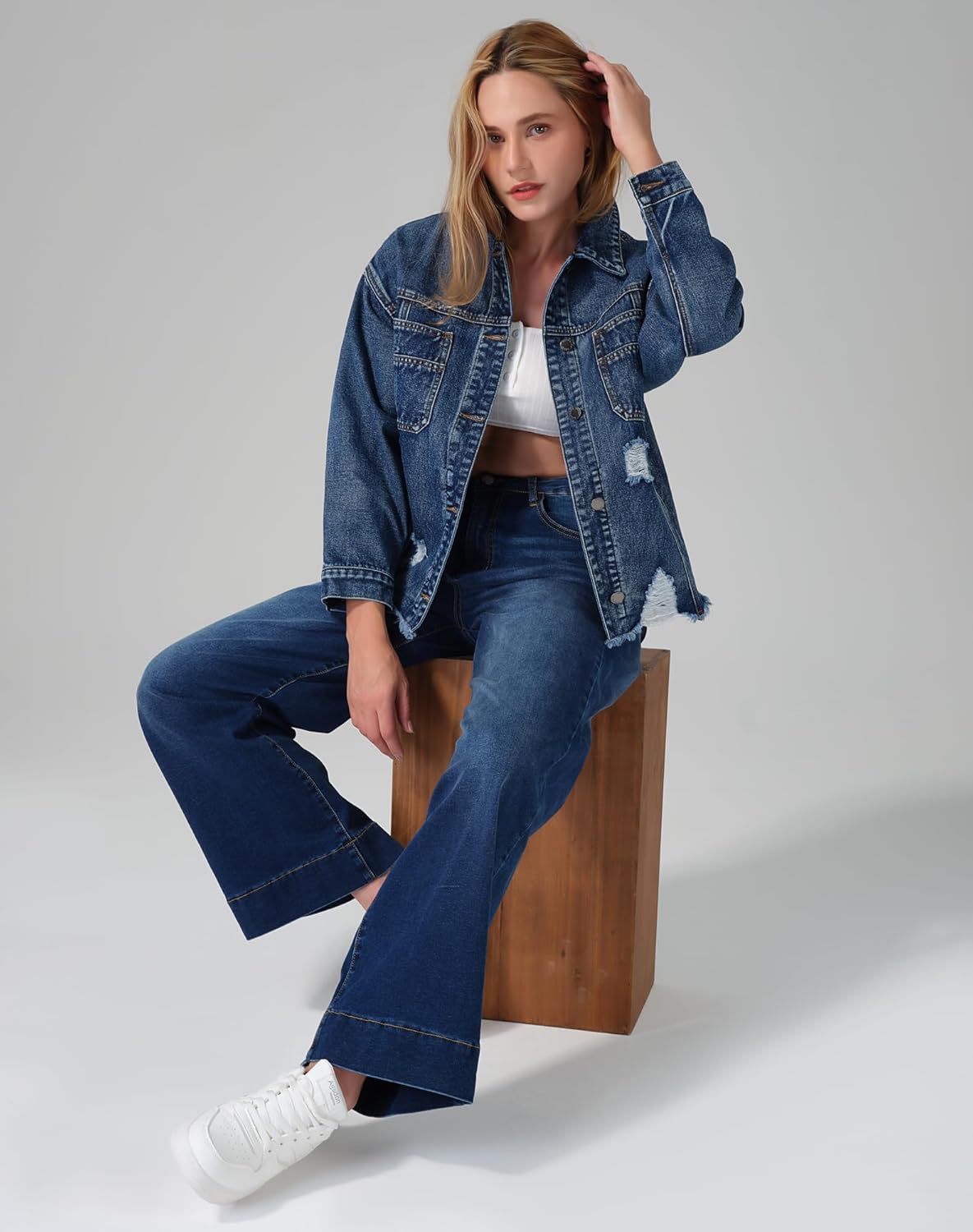 roswear Women\u2019s Jean Jackets Long Sleeves with Fringe Oversized Distressed Denim Trucker Jacket Coat