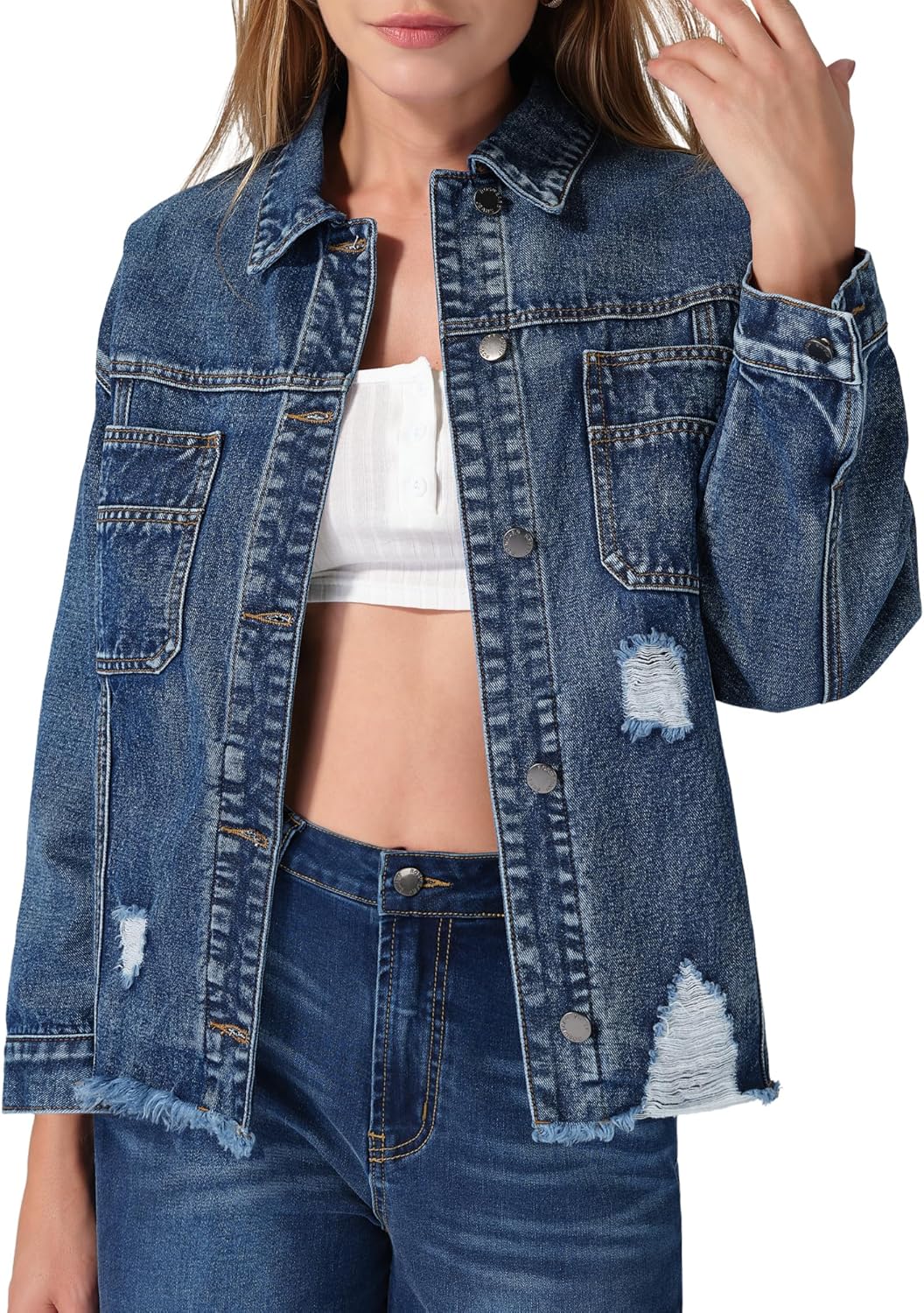 roswear Women\u2019s Jean Jackets Long Sleeves with Fringe Oversized Distressed Denim Trucker Jacket Coat