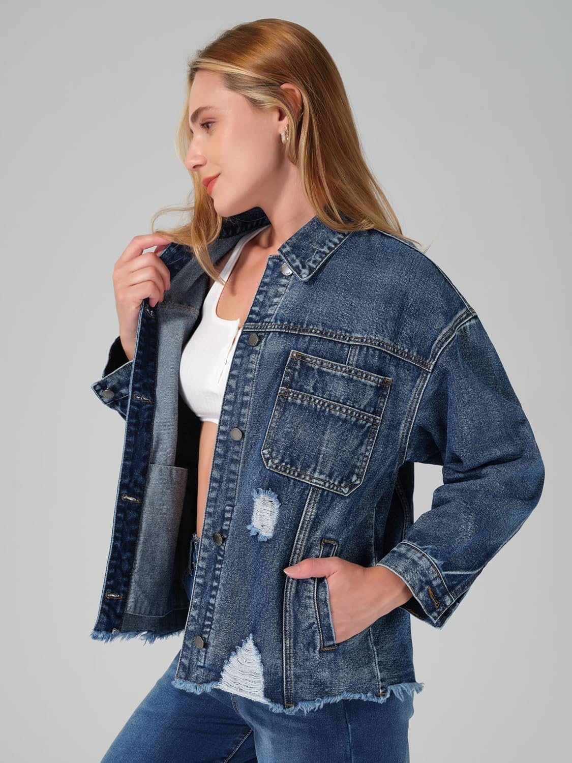 roswear Women\u2019s Jean Jackets Long Sleeves with Fringe Oversized Distressed Denim Trucker Jacket Coat