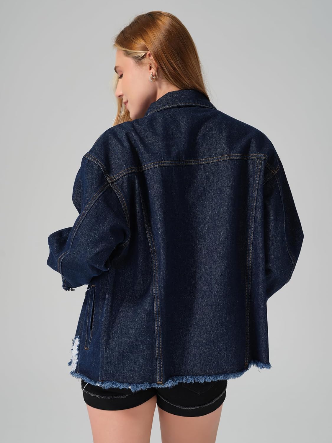 roswear Women\u2019s Jean Jackets Long Sleeves with Fringe Oversized Distressed Denim Trucker Jacket Coat