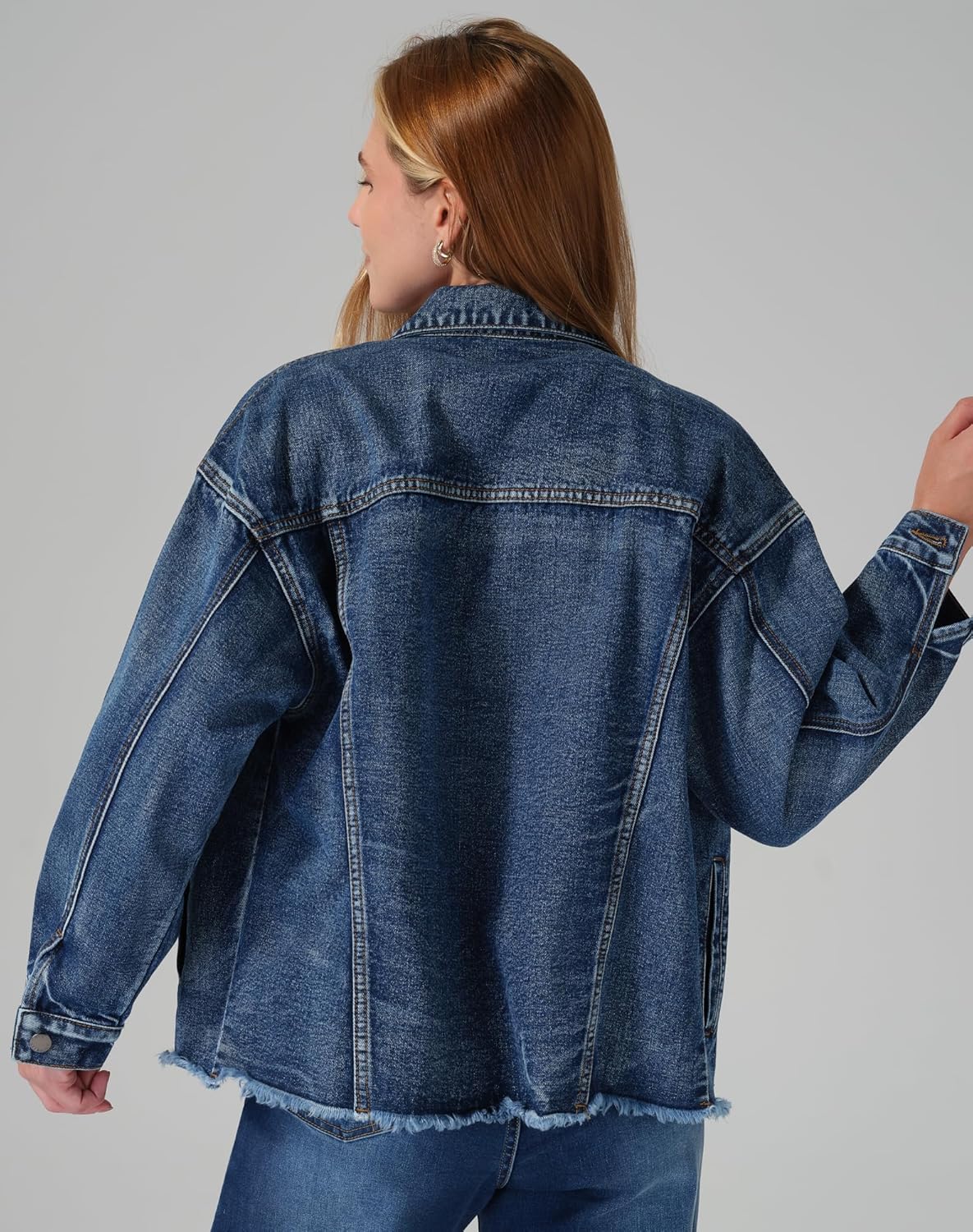 roswear Women\u2019s Jean Jackets Long Sleeves with Fringe Oversized Distressed Denim Trucker Jacket Coat