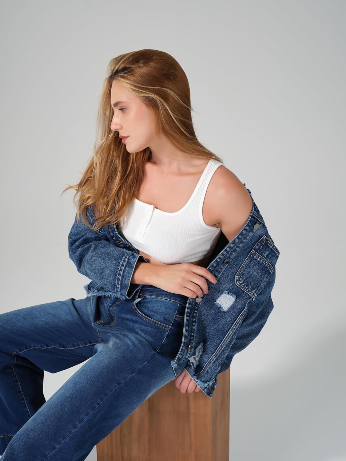 roswear Women\u2019s Jean Jackets Long Sleeves with Fringe Oversized Distressed Denim Trucker Jacket Coat