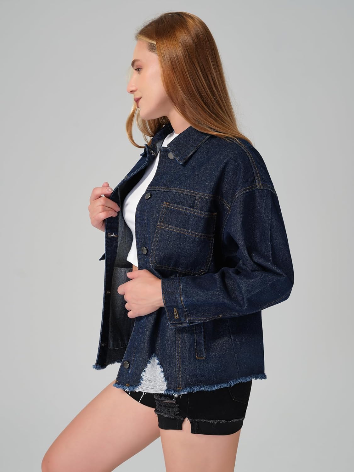roswear Women\u2019s Jean Jackets Long Sleeves with Fringe Oversized Distressed Denim Trucker Jacket Coat