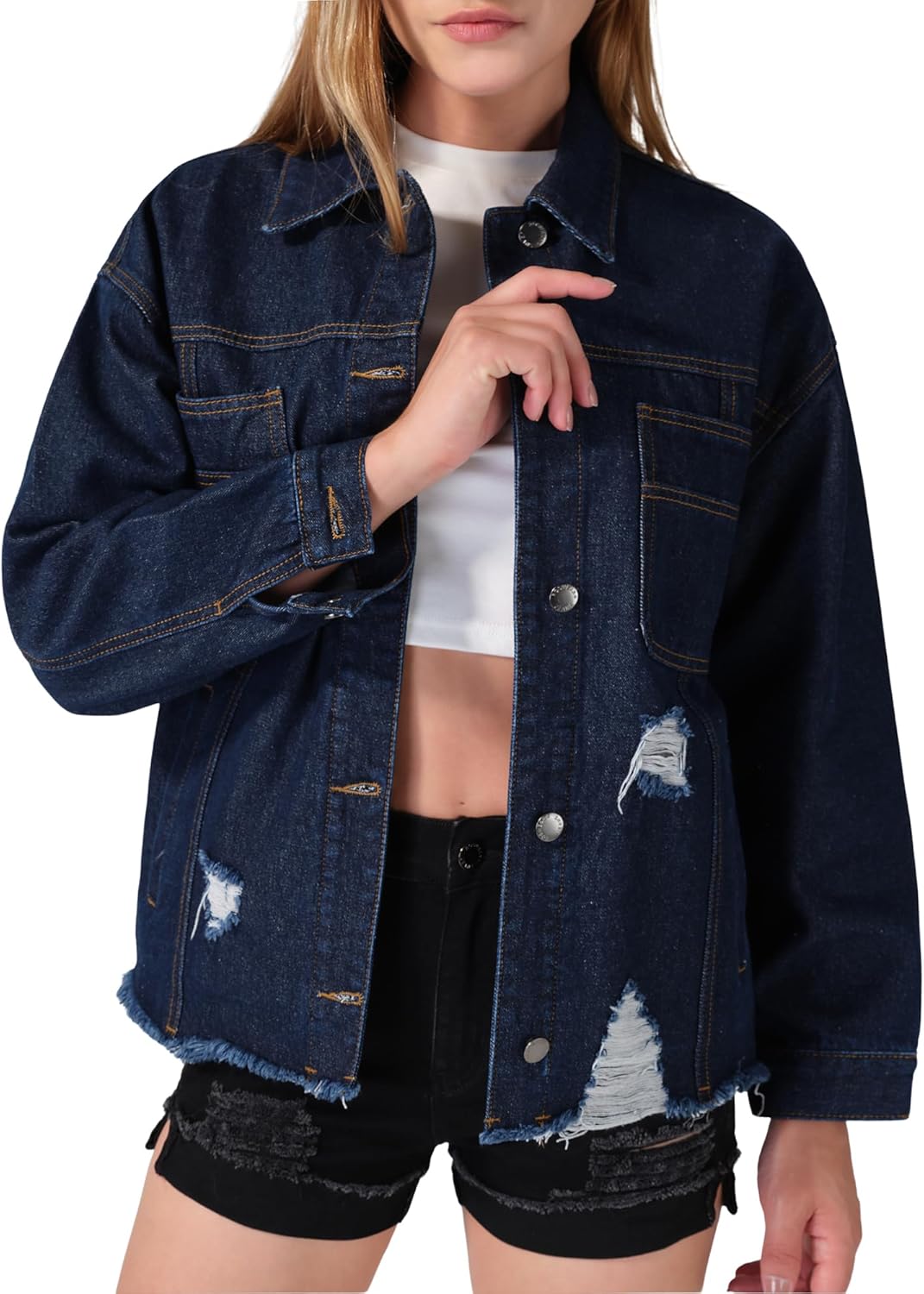 roswear Women\u2019s Jean Jackets Long Sleeves with Fringe Oversized Distressed Denim Trucker Jacket Coat