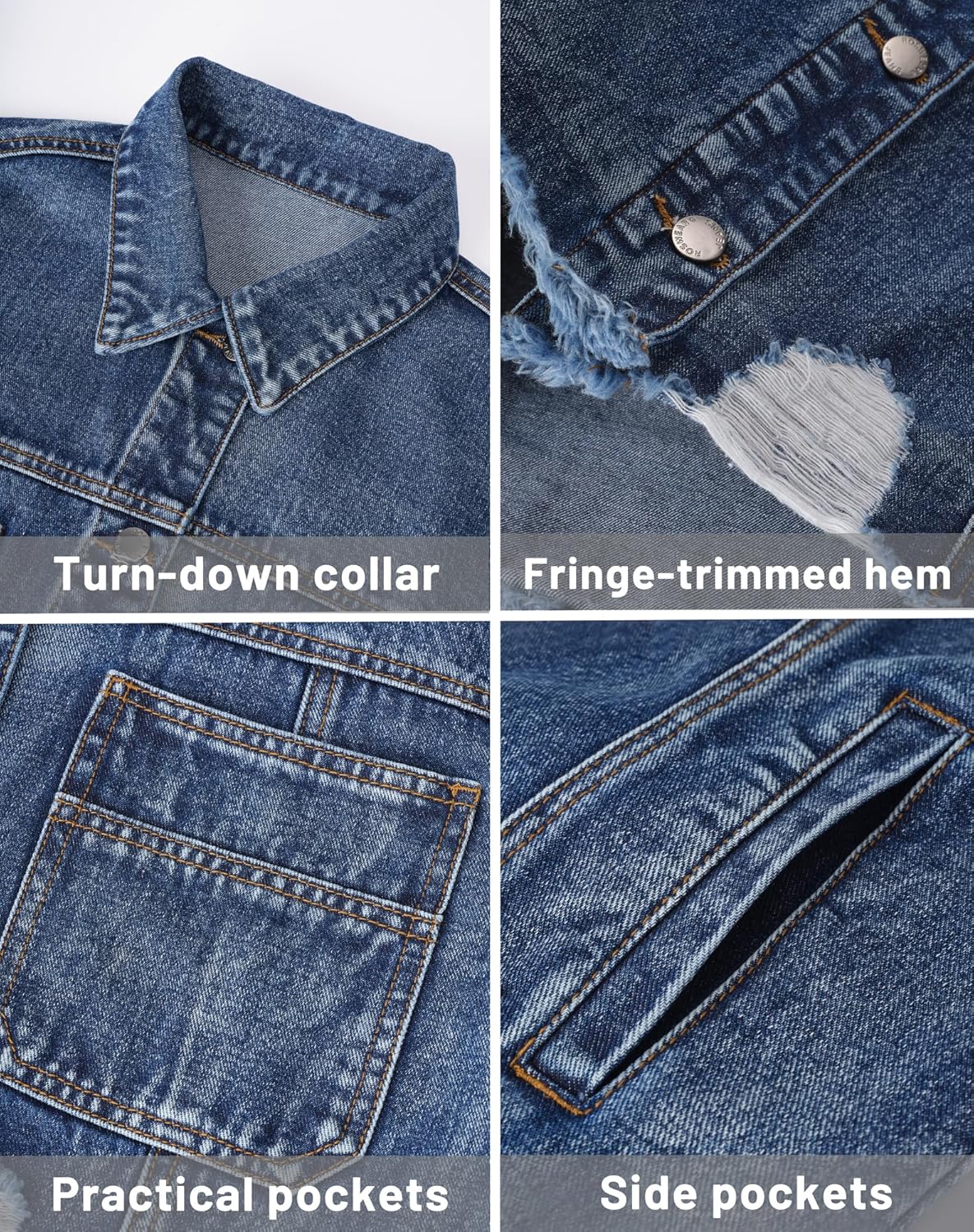 roswear Women\u2019s Jean Jackets Long Sleeves with Fringe Oversized Distressed Denim Trucker Jacket Coat