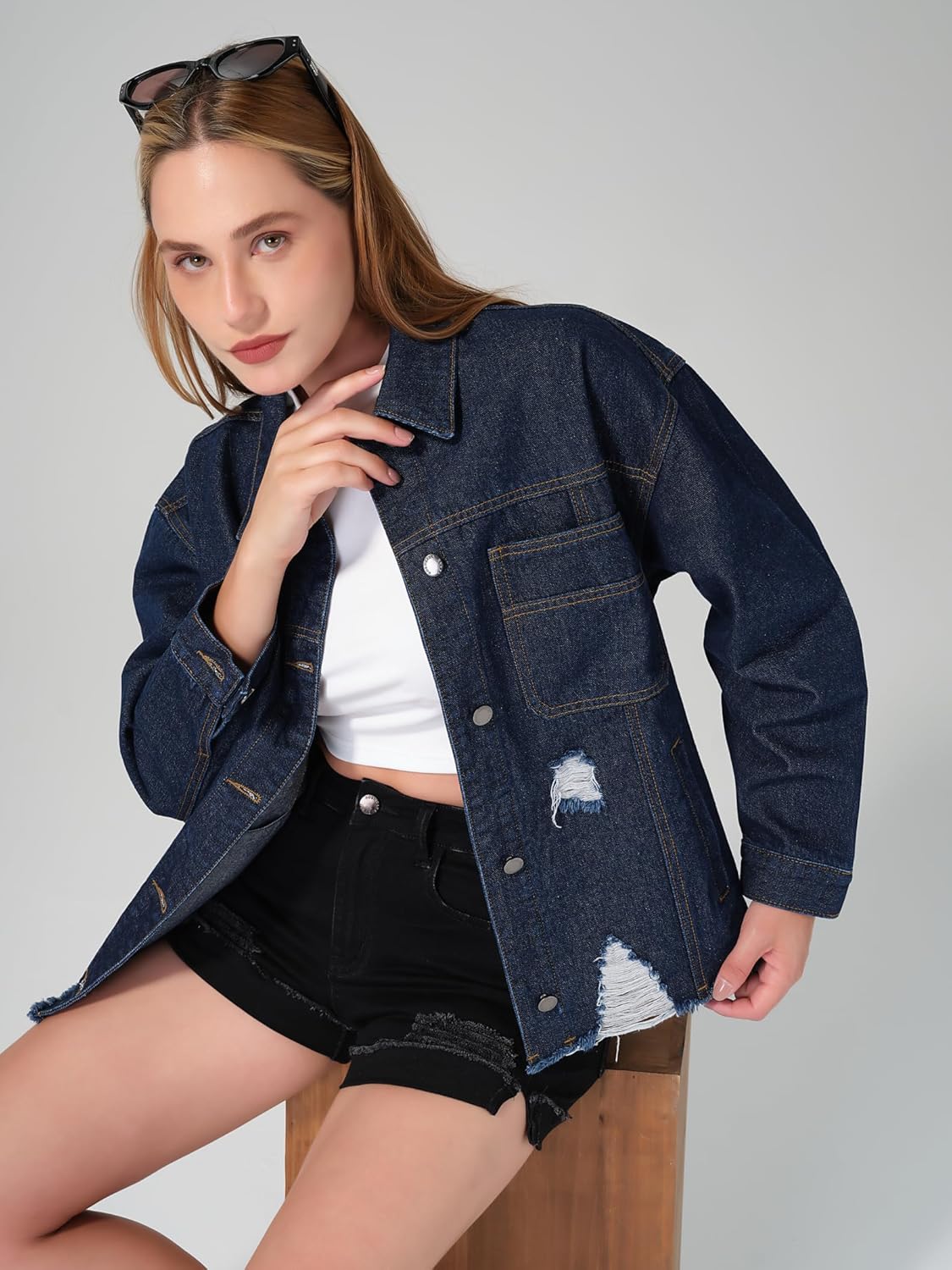 roswear Women\u2019s Jean Jackets Long Sleeves with Fringe Oversized Distressed Denim Trucker Jacket Coat