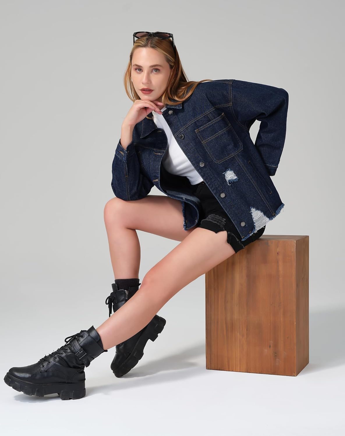 roswear Women\u2019s Jean Jackets Long Sleeves with Fringe Oversized Distressed Denim Trucker Jacket Coat