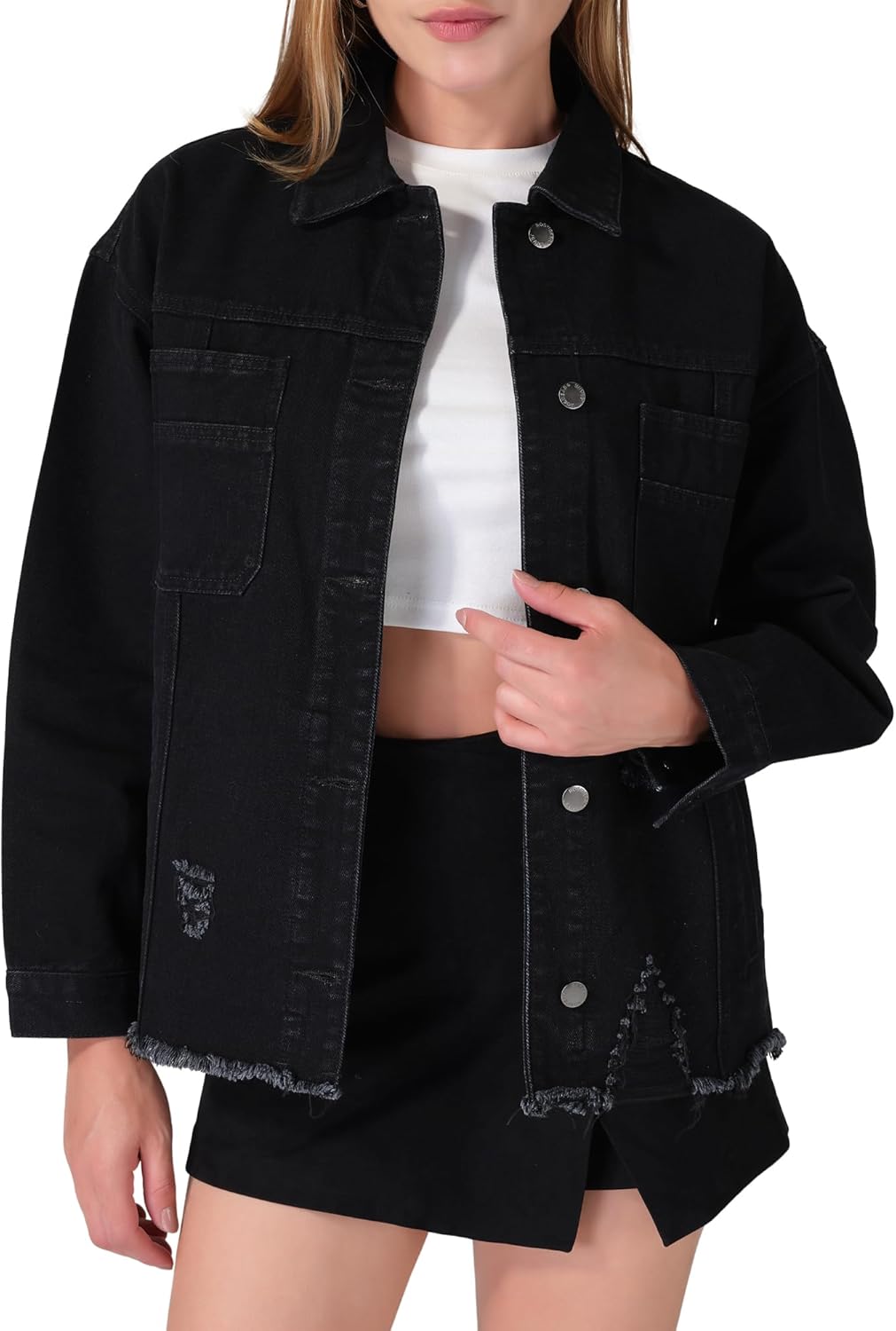 roswear Women\u2019s Jean Jackets Long Sleeves with Fringe Oversized Distressed Denim Trucker Jacket Coat