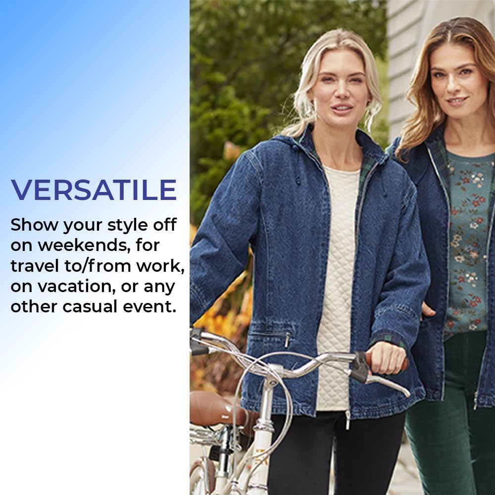 SAGEFINDS Women\u2019s Flannel Lined Denim Jacket | Detachable Hood | Zip Front and Side Pockets | 100% Cotton