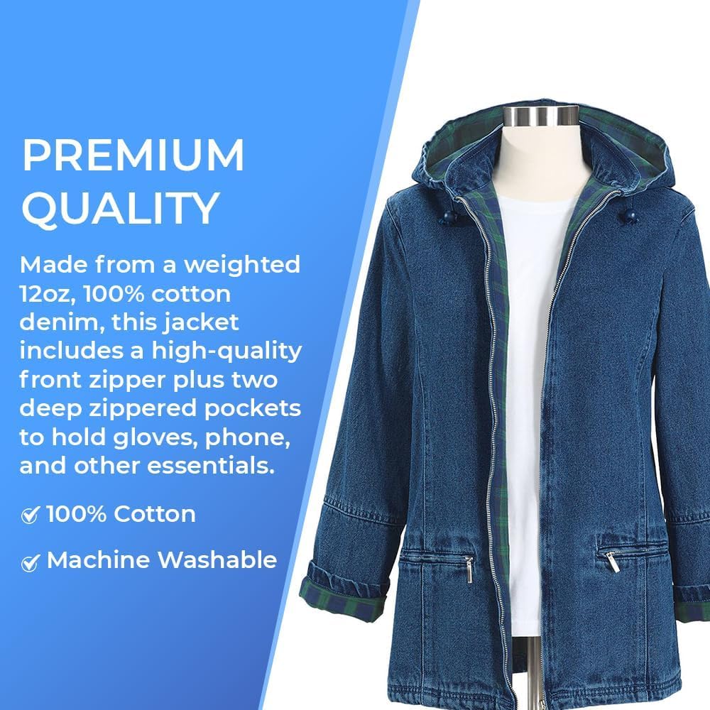 SAGEFINDS Women\u2019s Flannel Lined Denim Jacket | Detachable Hood | Zip Front and Side Pockets | 100% Cotton