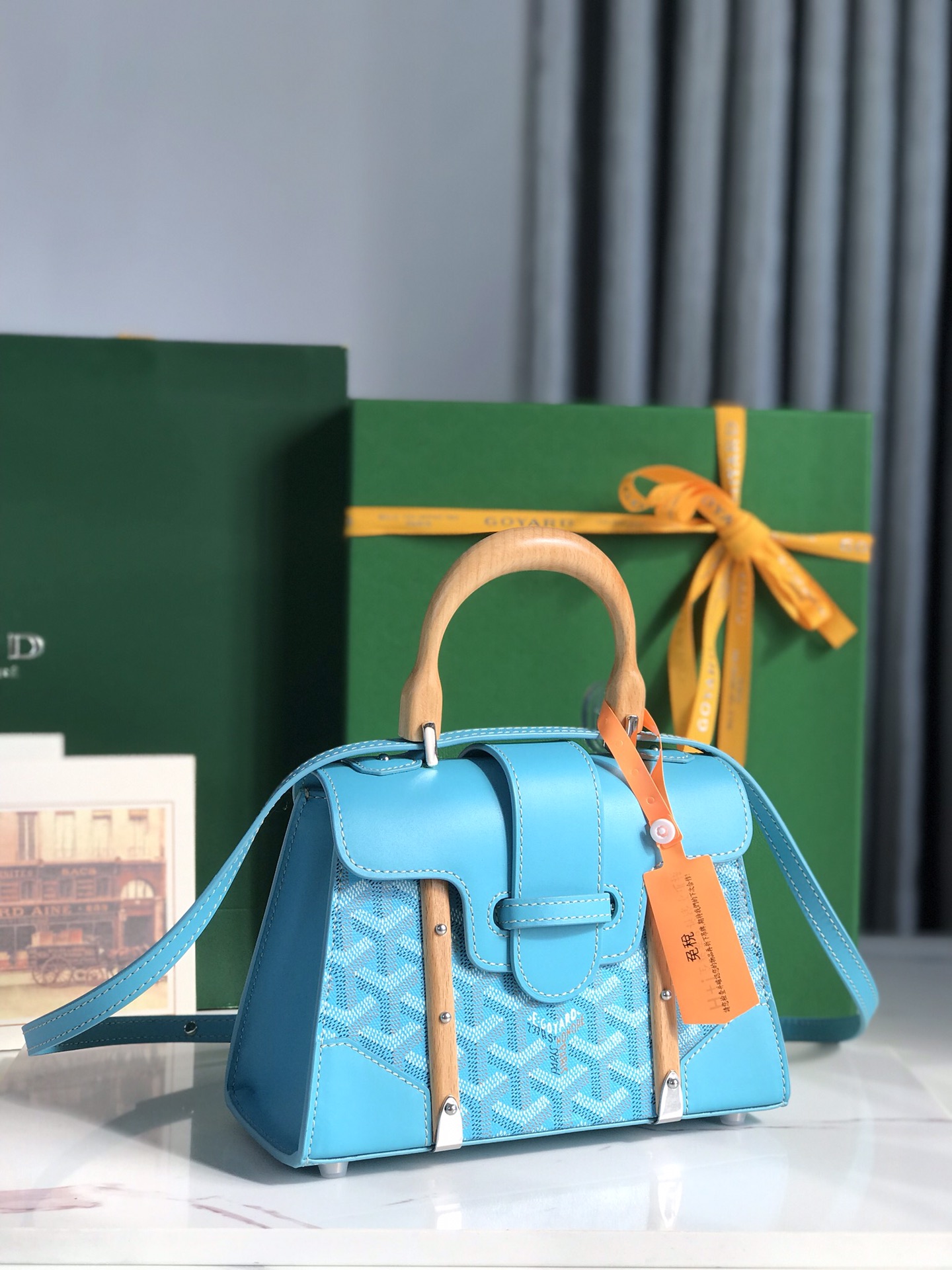 Saigon Top Handle Bag Coated Canvas with Leather PM sky blue