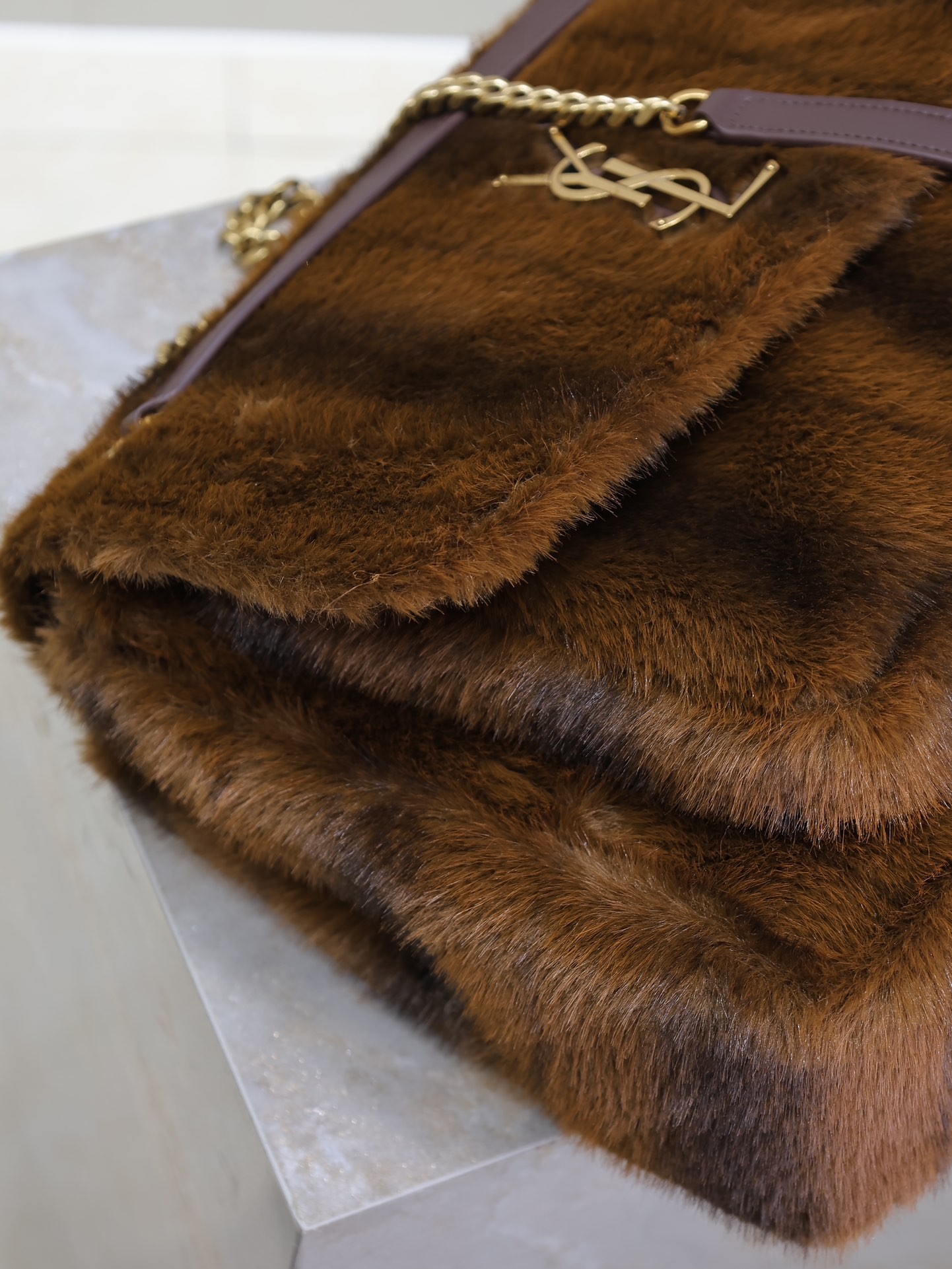 Saint Laurent Brown Fur Large Niki Bag