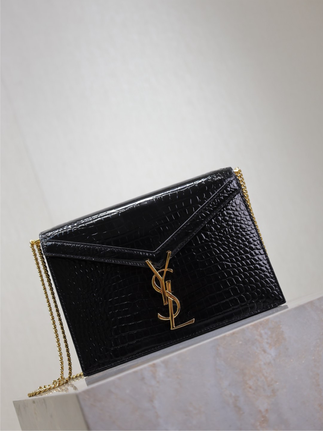 Saint Laurent Cassandra Black Croc Embossed Shoulder Bag