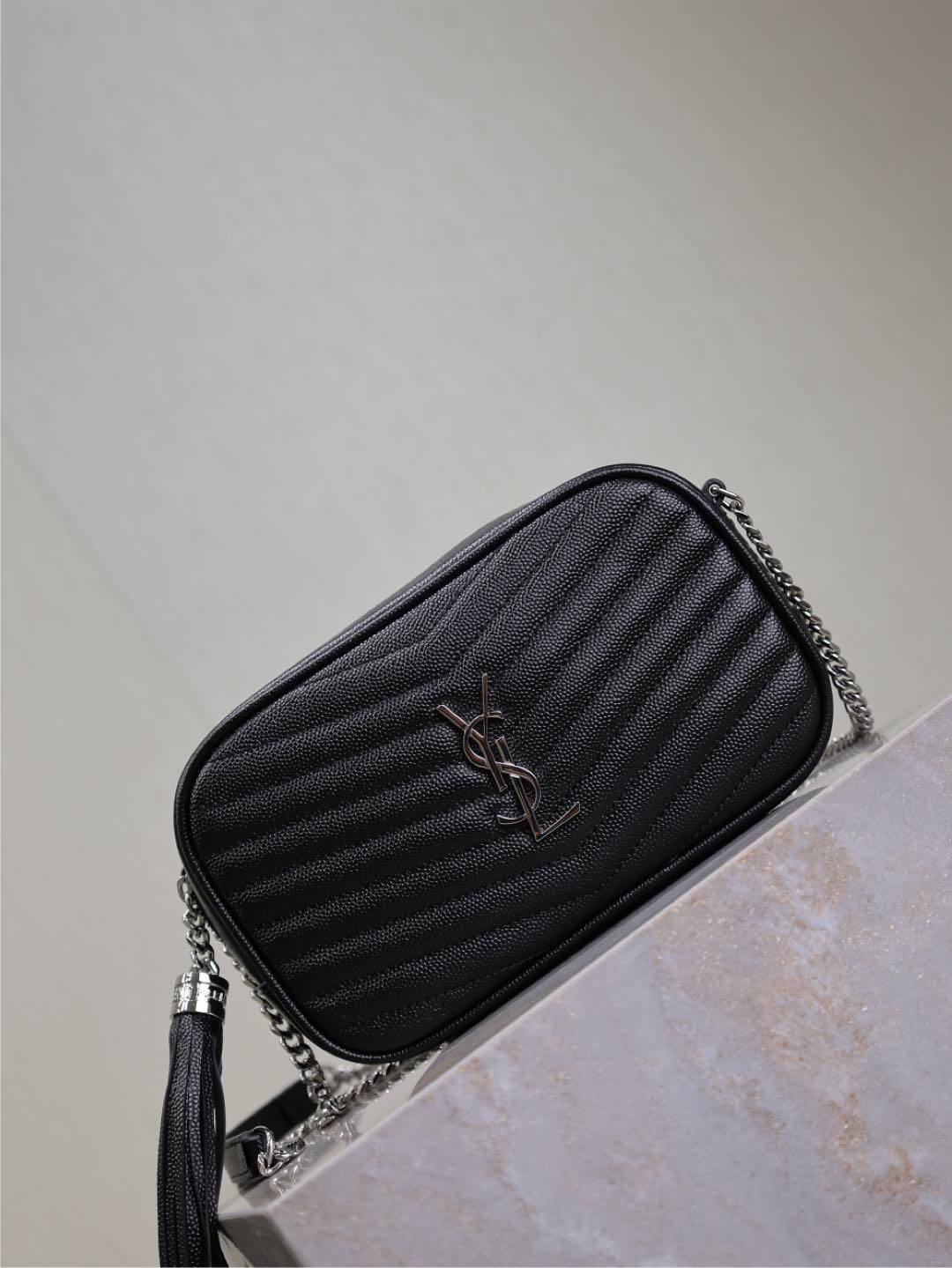 Saint Laurent Chevron Quilted Grained Mini Lou Camera Bag in black
