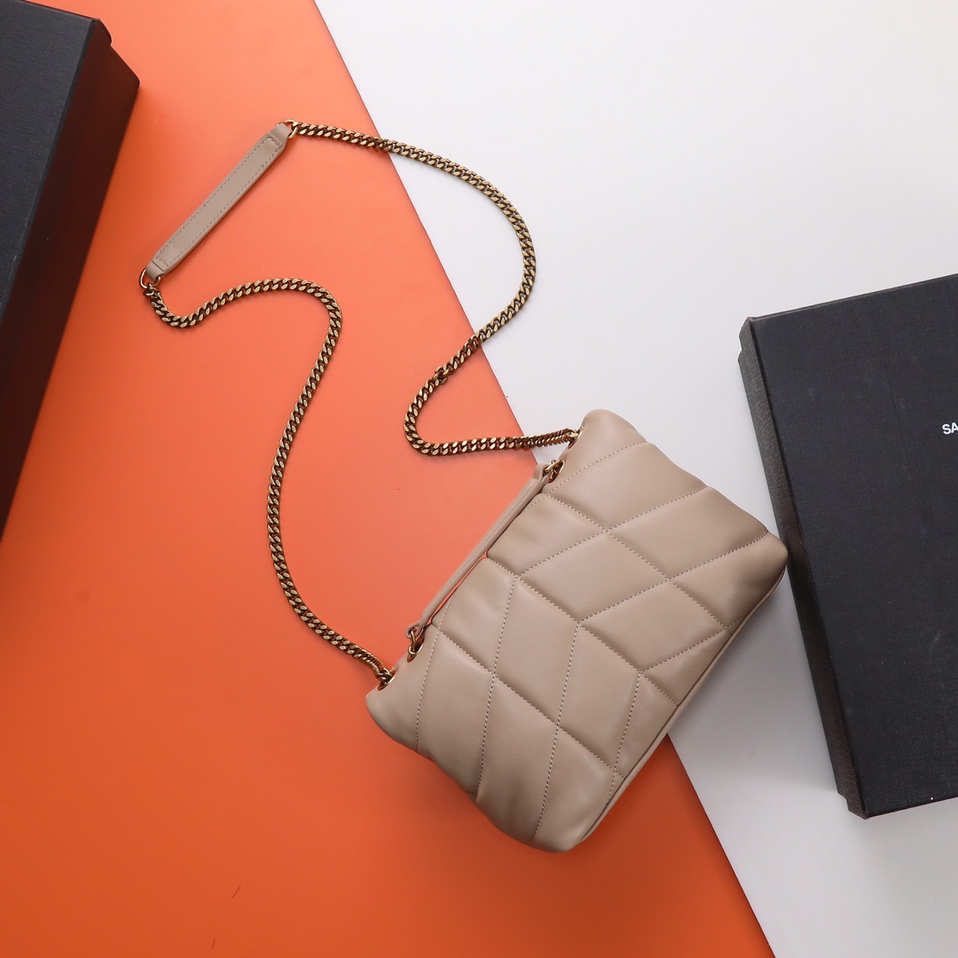 Saint Laurent  Lambskin Quilted Toy Loulou Puffer Monogram Chain Satchel Dark Beige