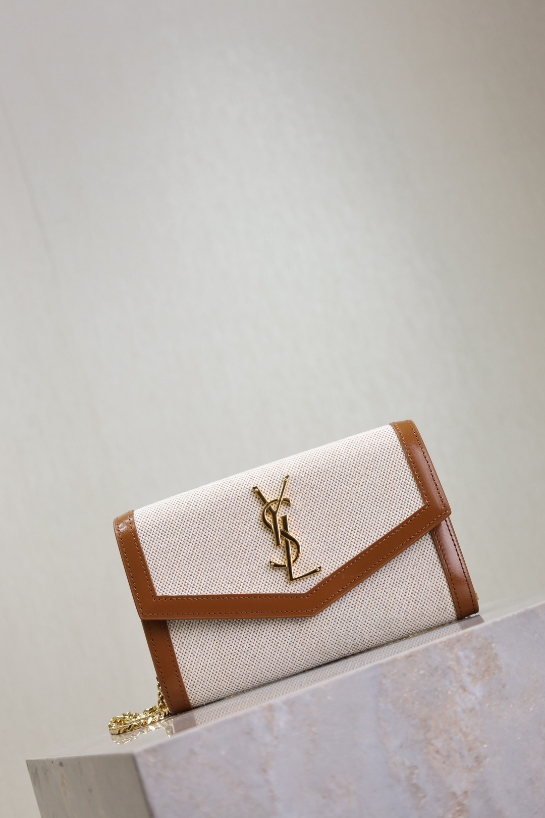 SAINT LAURENT Micro Raffia Monogram Uptown Chain Wallet Natural Hay Brick 1522773