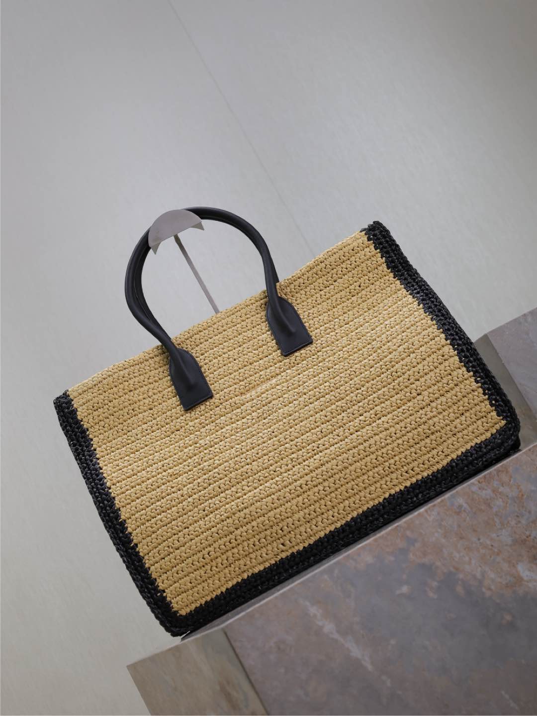 Saint Laurent  Raffia Calfskin Rive Gauche Tote Naturale Black