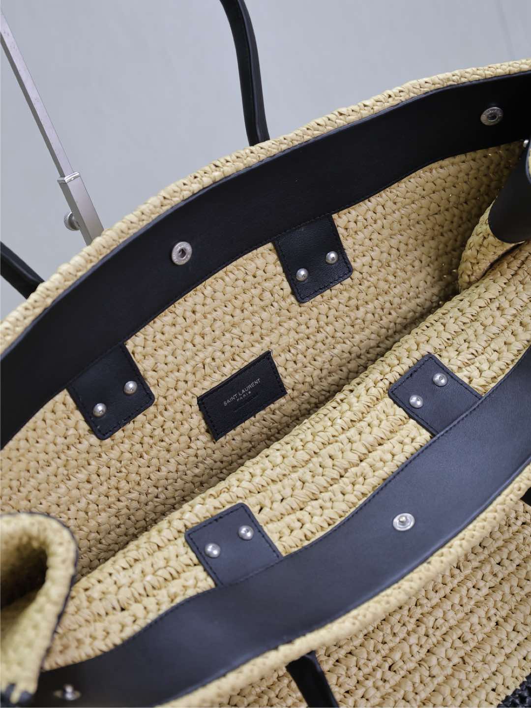 Saint Laurent  Raffia Calfskin Rive Gauche Tote Naturale Black