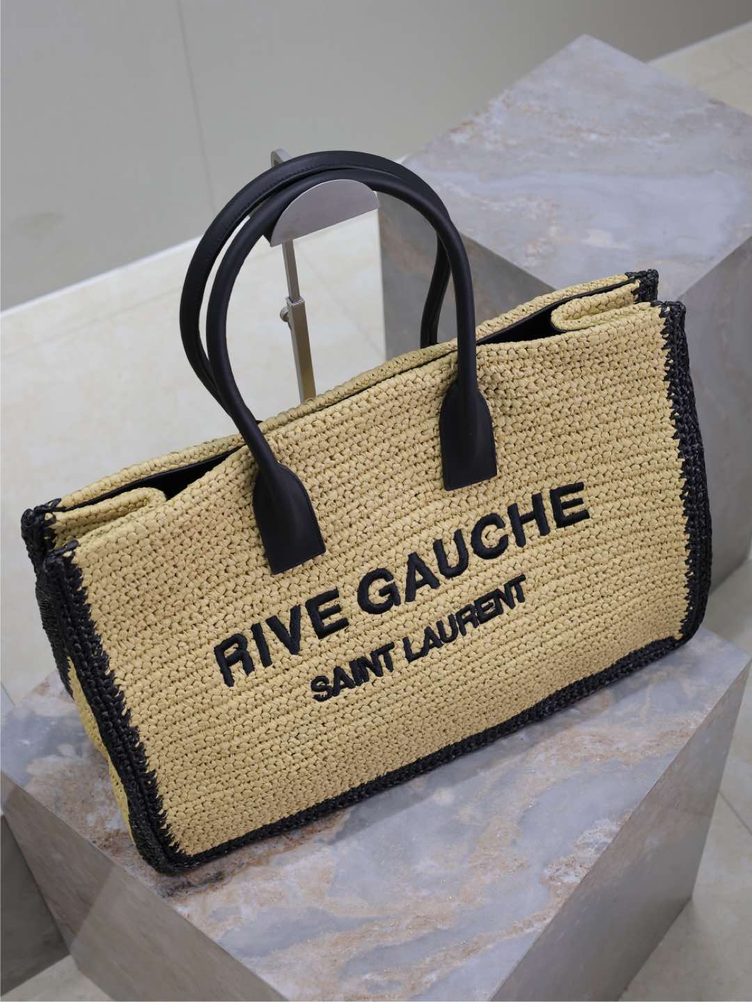Saint Laurent  Raffia Calfskin Rive Gauche Tote Naturale Black