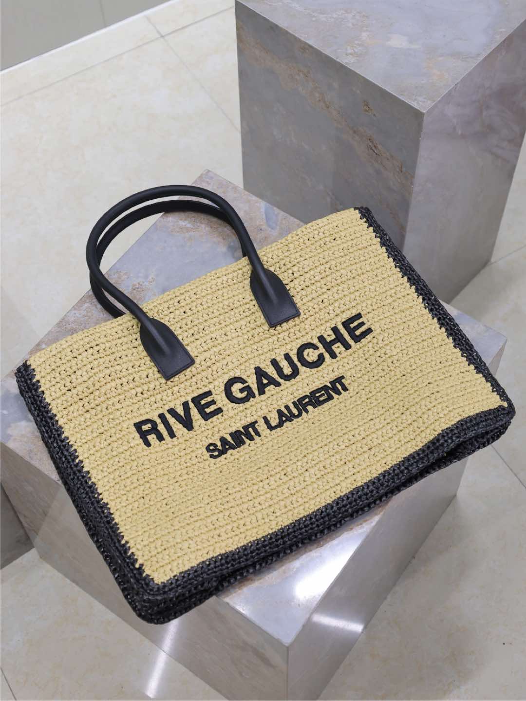 Saint Laurent  Raffia Calfskin Rive Gauche Tote Naturale Black