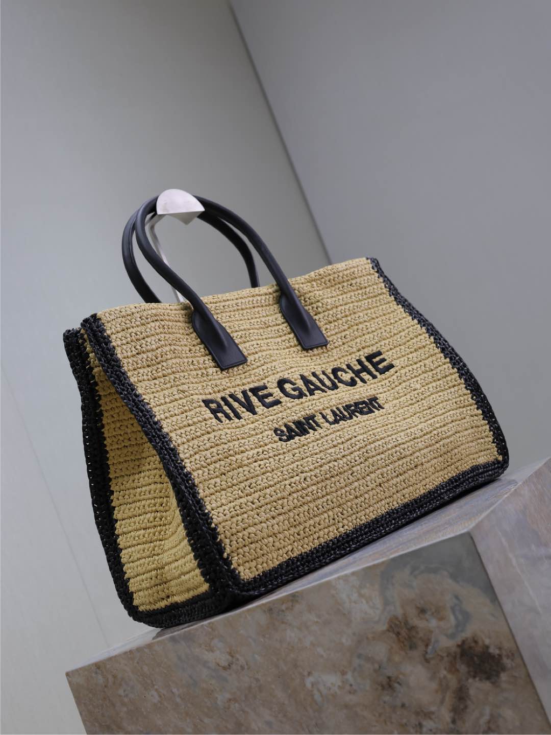 Saint Laurent  Raffia Calfskin Rive Gauche Tote Naturale Black