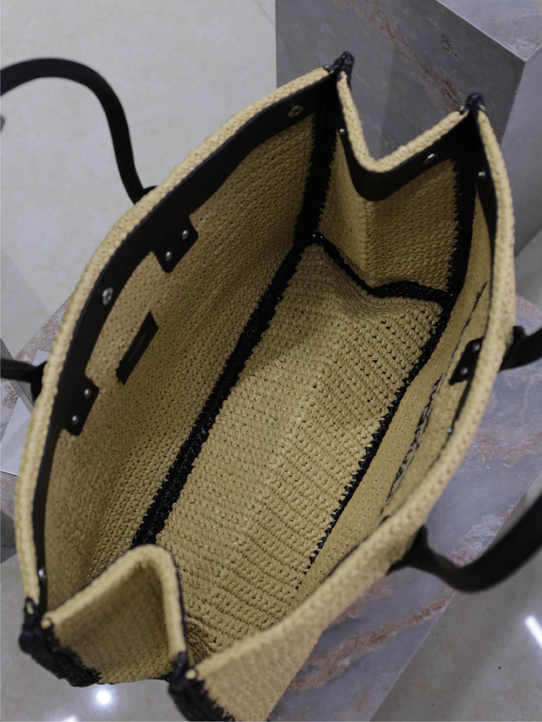 Saint Laurent  Raffia Calfskin Rive Gauche Tote Naturale Black