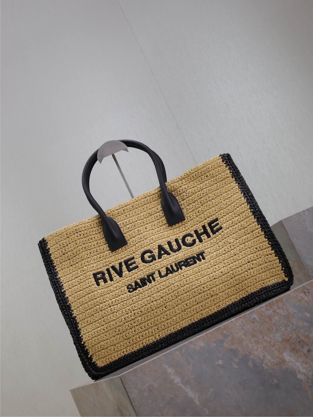 Saint Laurent  Raffia Calfskin Rive Gauche Tote Naturale Black