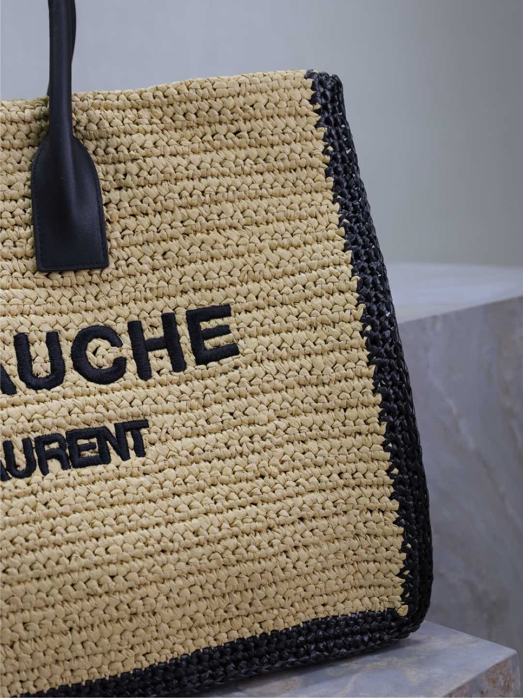 Saint Laurent  Raffia Calfskin Rive Gauche Tote Naturale Black