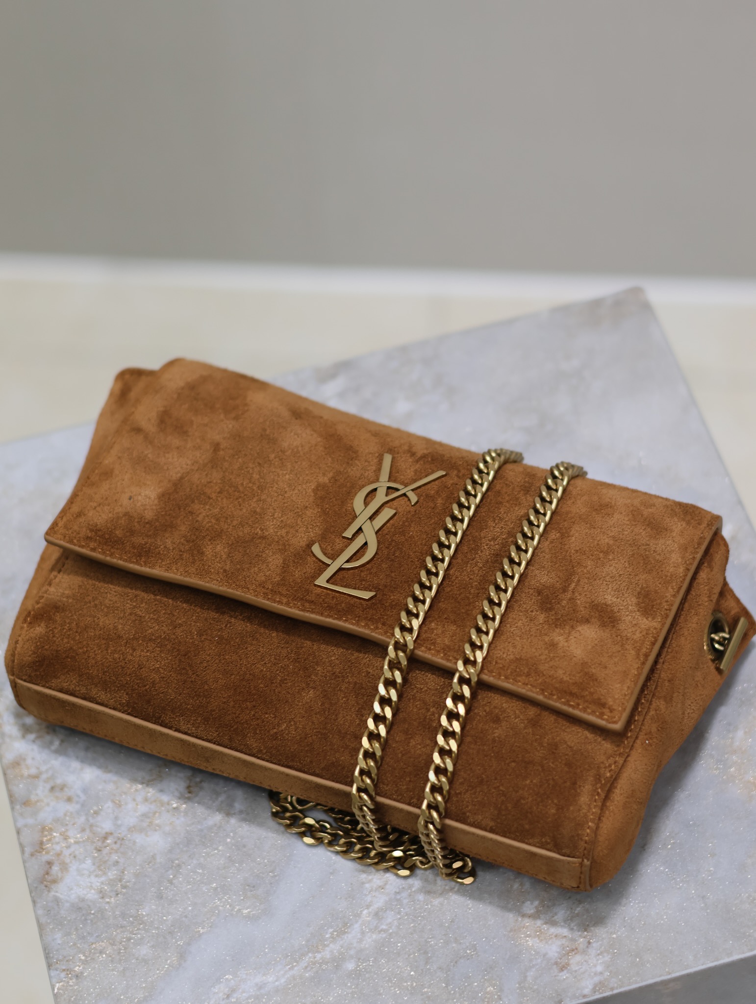 Saint Laurent Reversible Kate Shoulder Bag Suede Medium BROWN