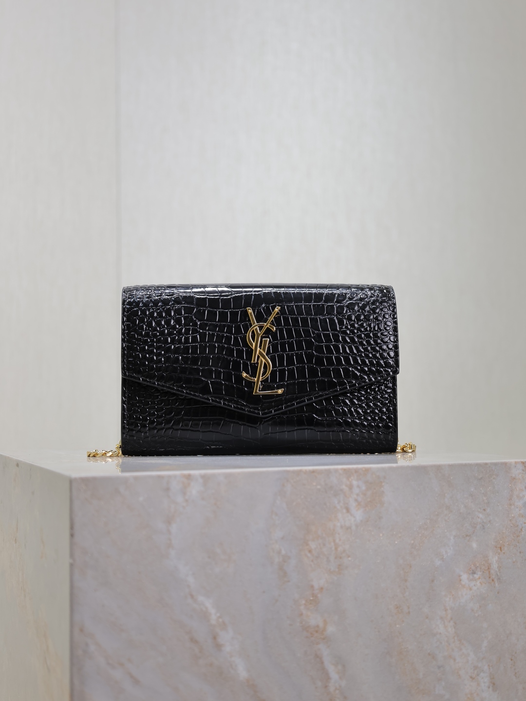 SAINT LAURENT Uptown croc-effect patent-leather shoulder bag and cardholder