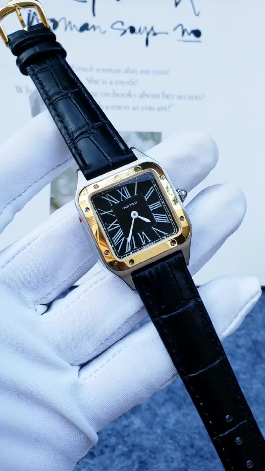 Santos-Dumont watch Large model, hand-wound mechanical movement, yellow gold, steel, leather