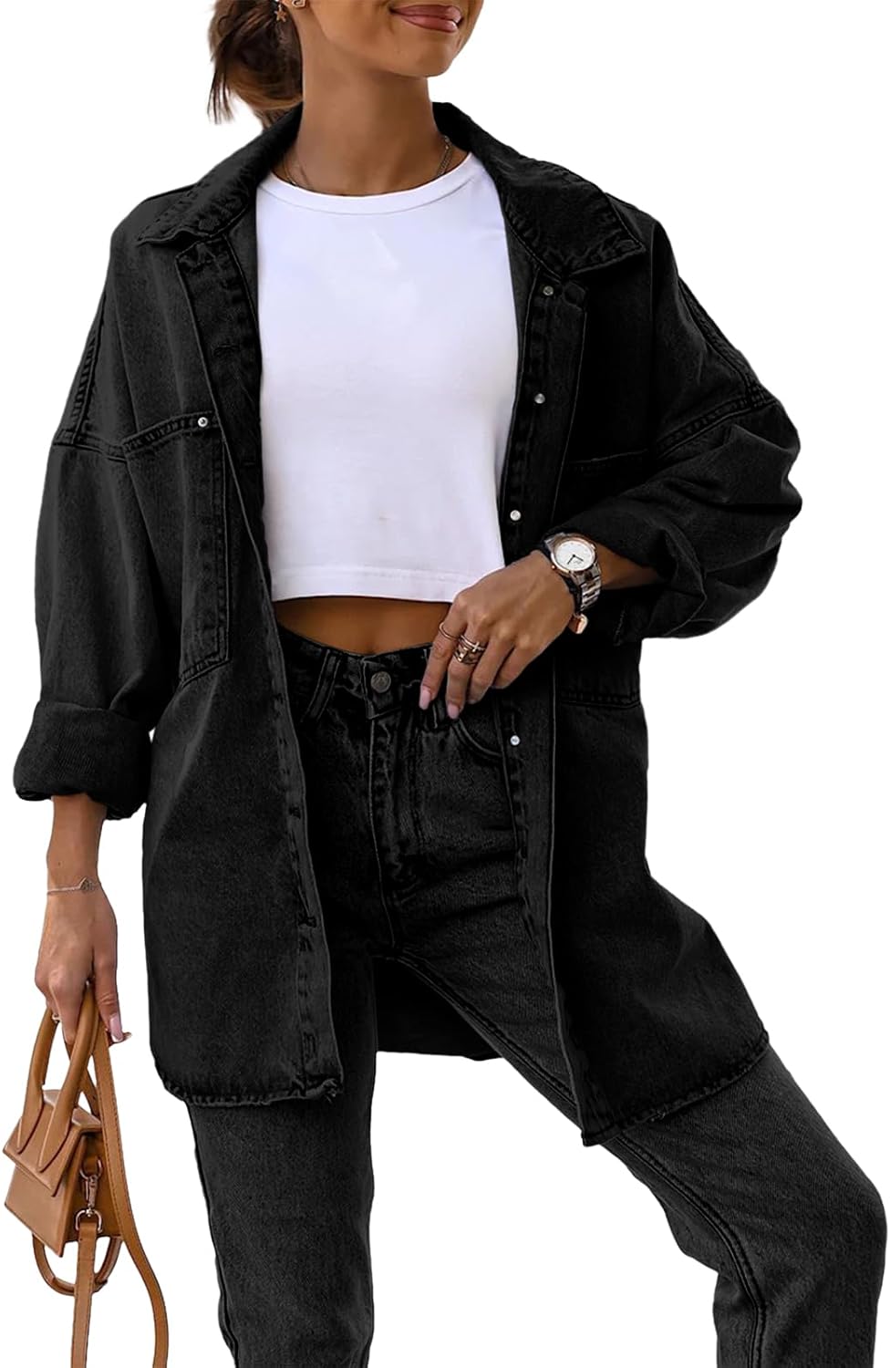 Saodimallsu Women’s Oversized Denim Jackets Casual Button Down Long Boyfriend Jean Coats with Pockets