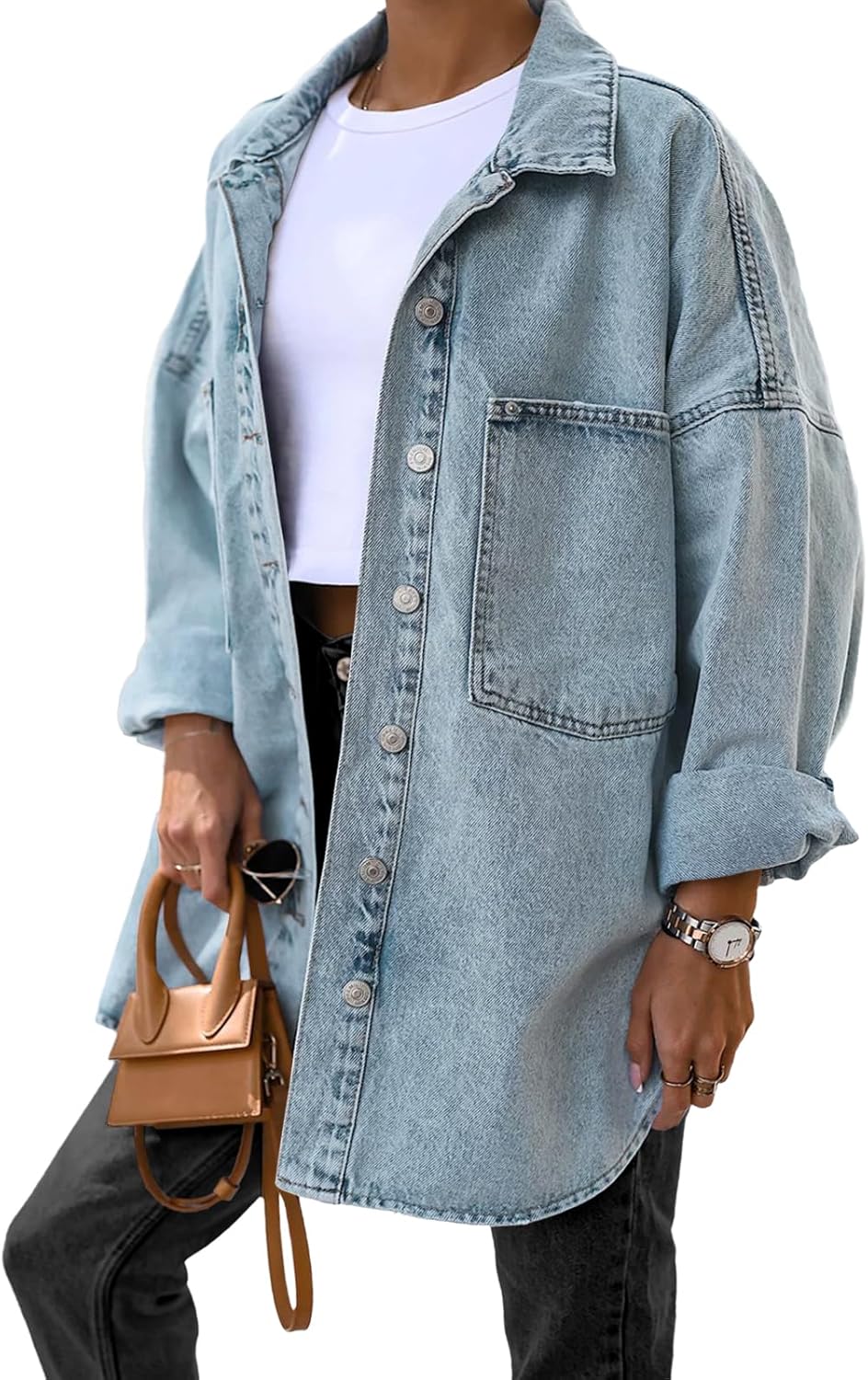 Saodimallsu Women’s Oversized Denim Jackets Casual Button Down Long Boyfriend Jean Coats with Pockets