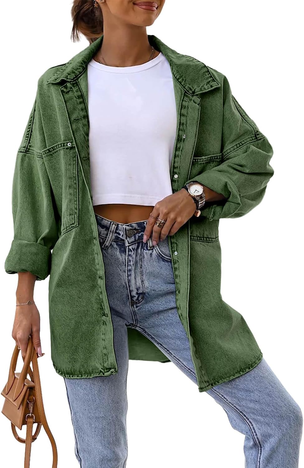 Saodimallsu Women’s Oversized Denim Jackets Casual Button Down Long Boyfriend Jean Coats with Pockets