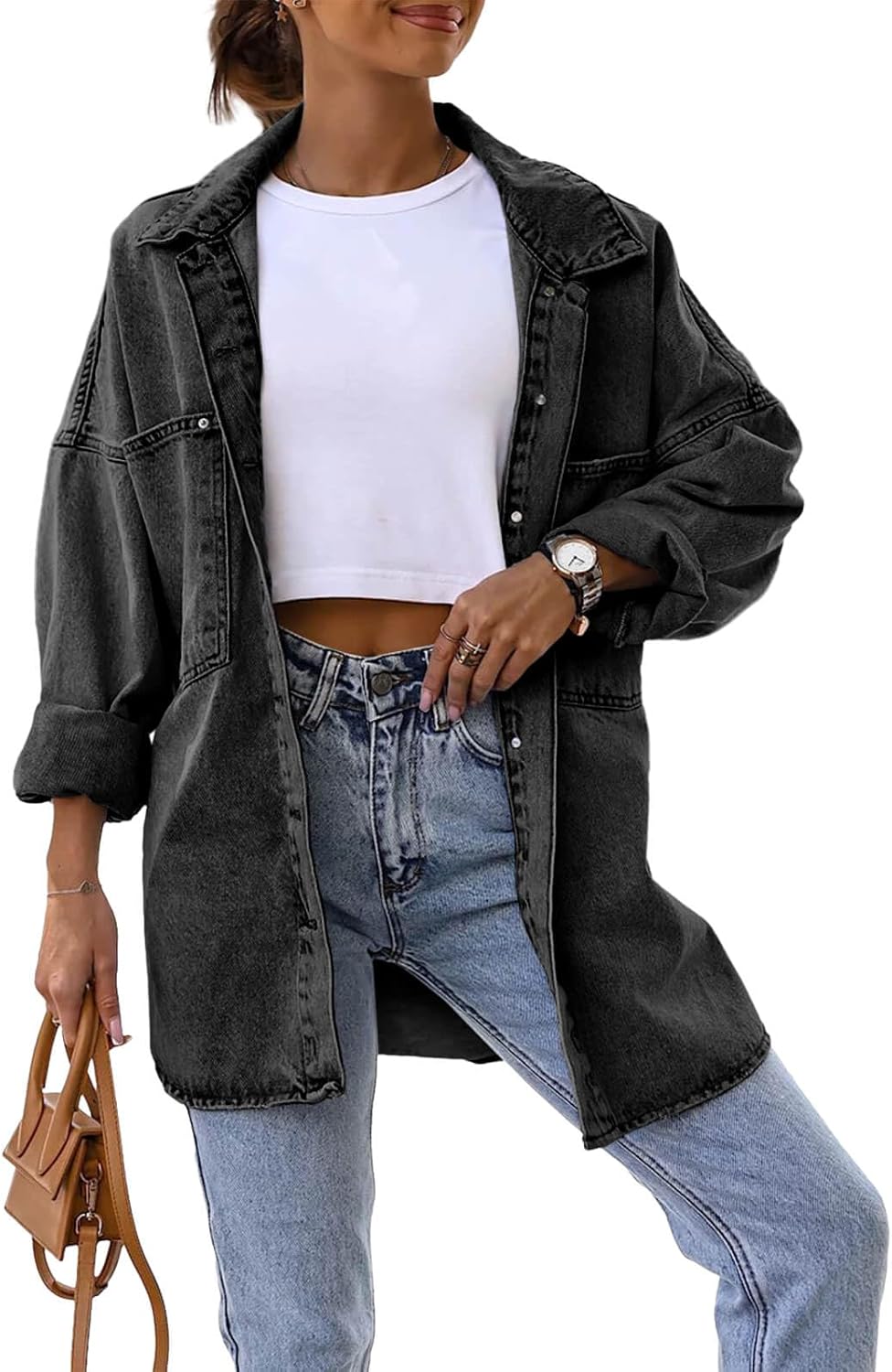 Saodimallsu Women’s Oversized Denim Jackets Casual Button Down Long Boyfriend Jean Coats with Pockets