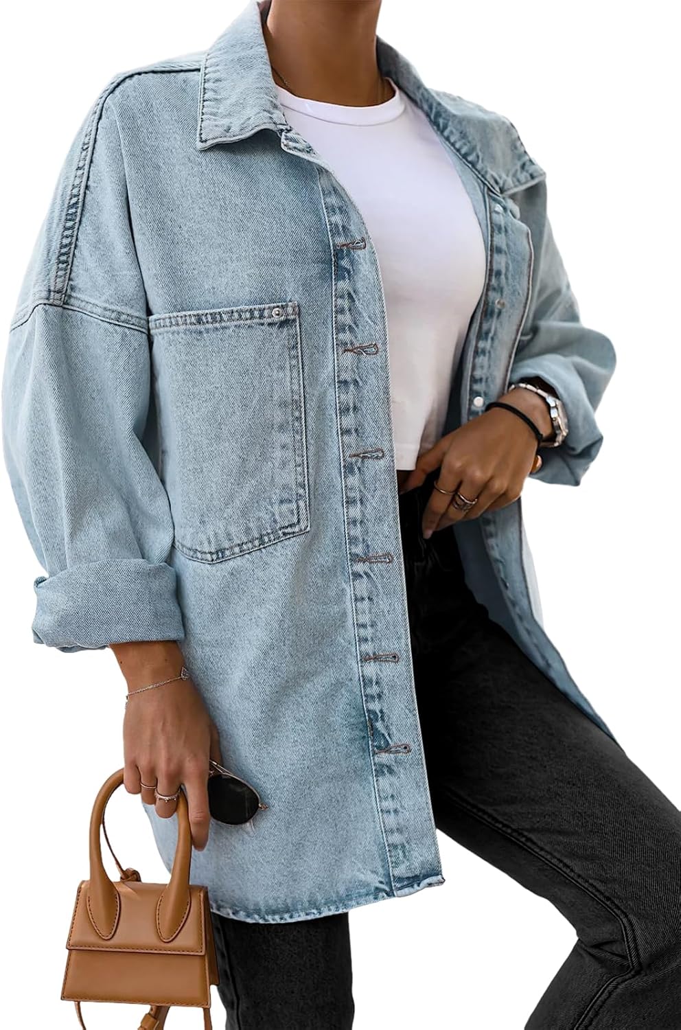 Saodimallsu Women’s Oversized Denim Jackets Casual Button Down Long Boyfriend Jean Coats with Pockets