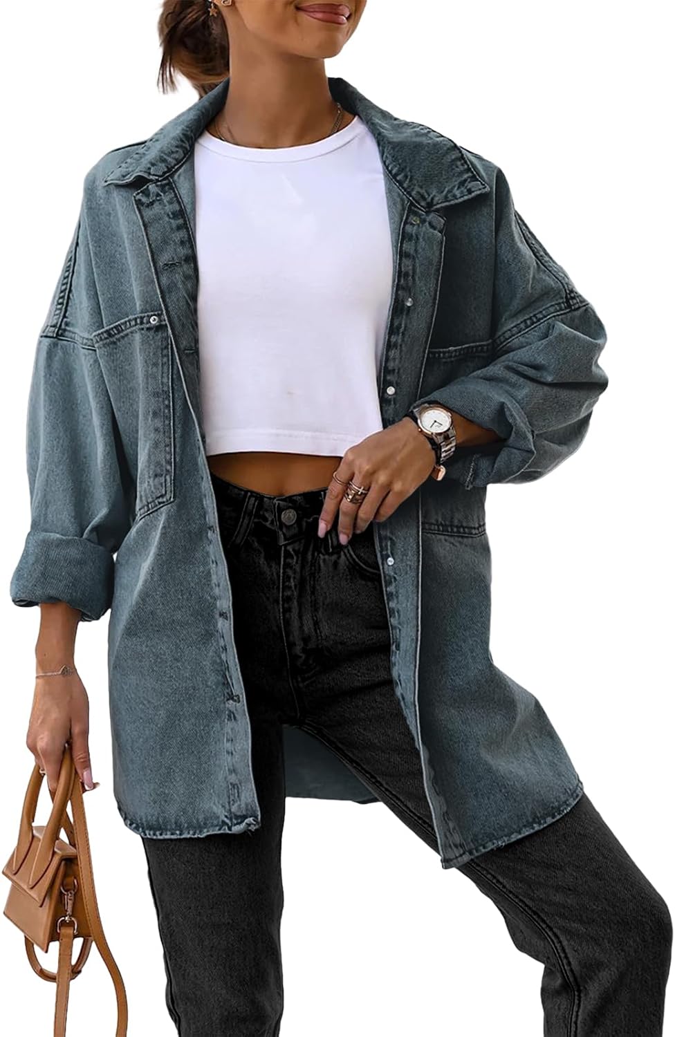 Saodimallsu Women’s Oversized Denim Jackets Casual Button Down Long Boyfriend Jean Coats with Pockets