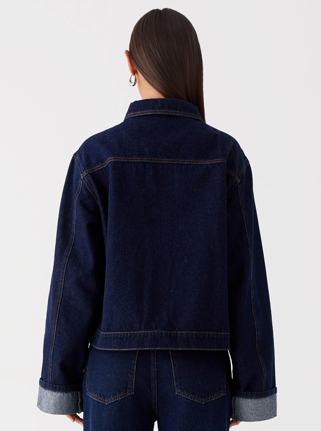 Sarwoldey Women’s Classic Collared Folded Cuffs Dark Indigo Denim Jacket