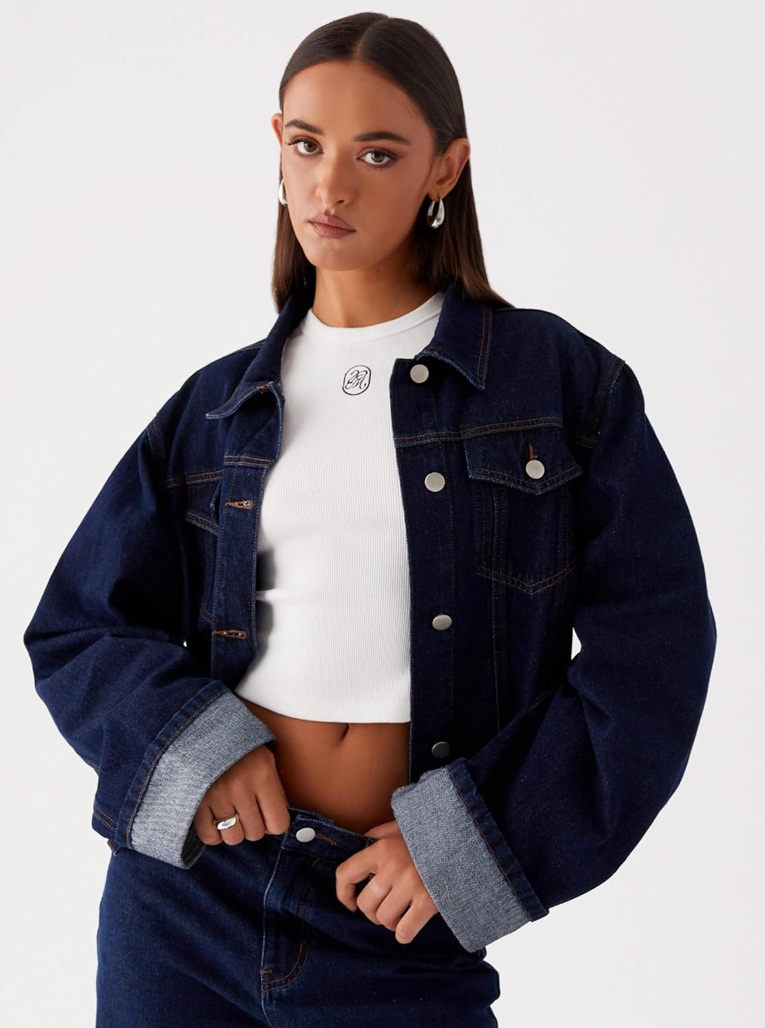 Sarwoldey Women’s Classic Collared Folded Cuffs Dark Indigo Denim Jacket