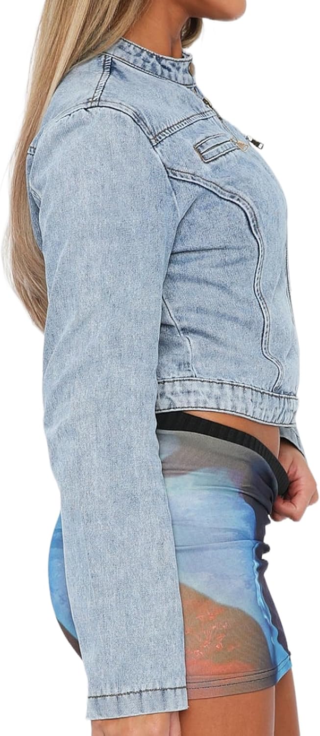 Sarwoldey Women’s Stretchy Cropped Jean Jacket Zip Front Motorcycle Short Light Wash Denim Jacket