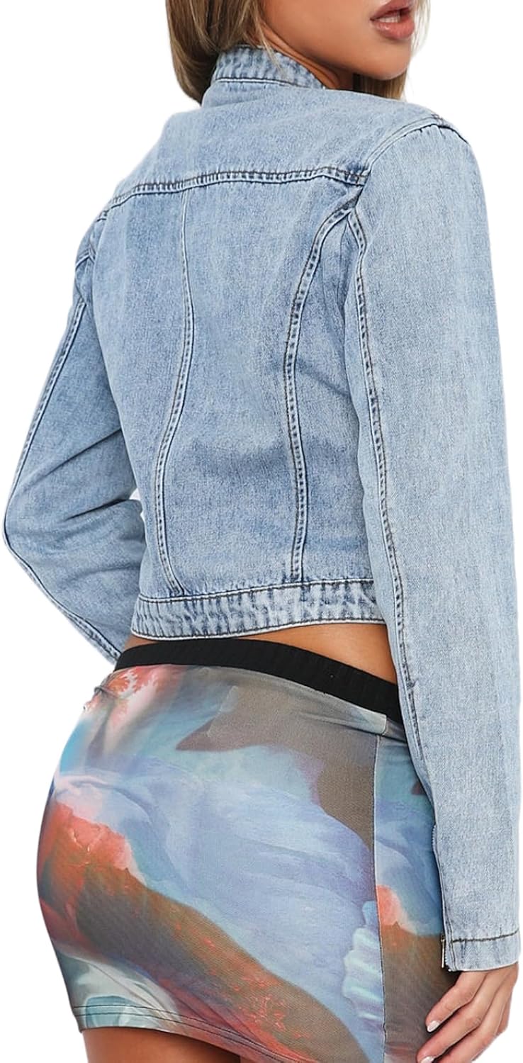 Sarwoldey Women’s Stretchy Cropped Jean Jacket Zip Front Motorcycle Short Light Wash Denim Jacket