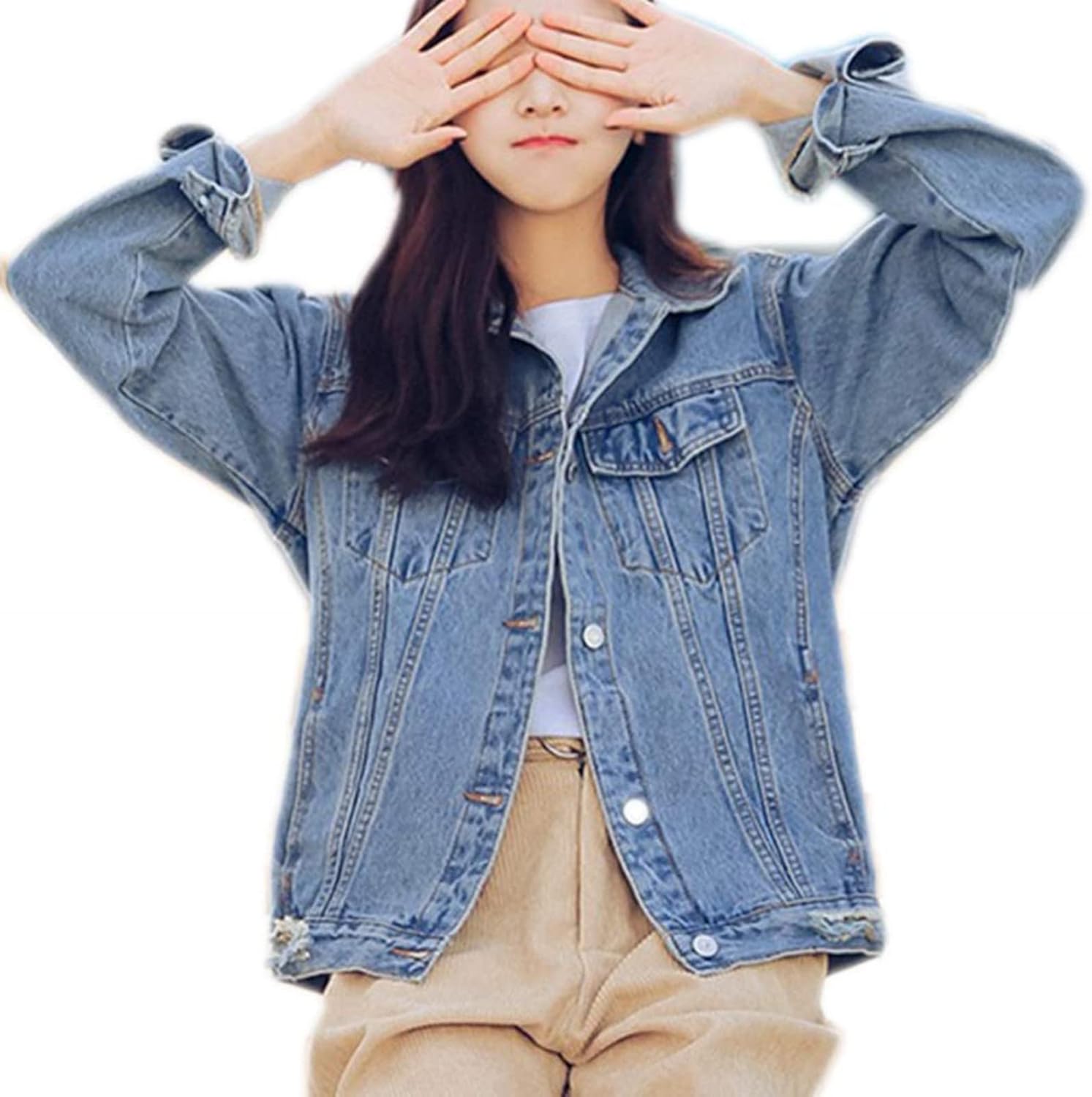 Saukiee Oversized Denim Jacket Distressed Boyfriend Jean Coat Jeans Trucker Jacket for Women Girls