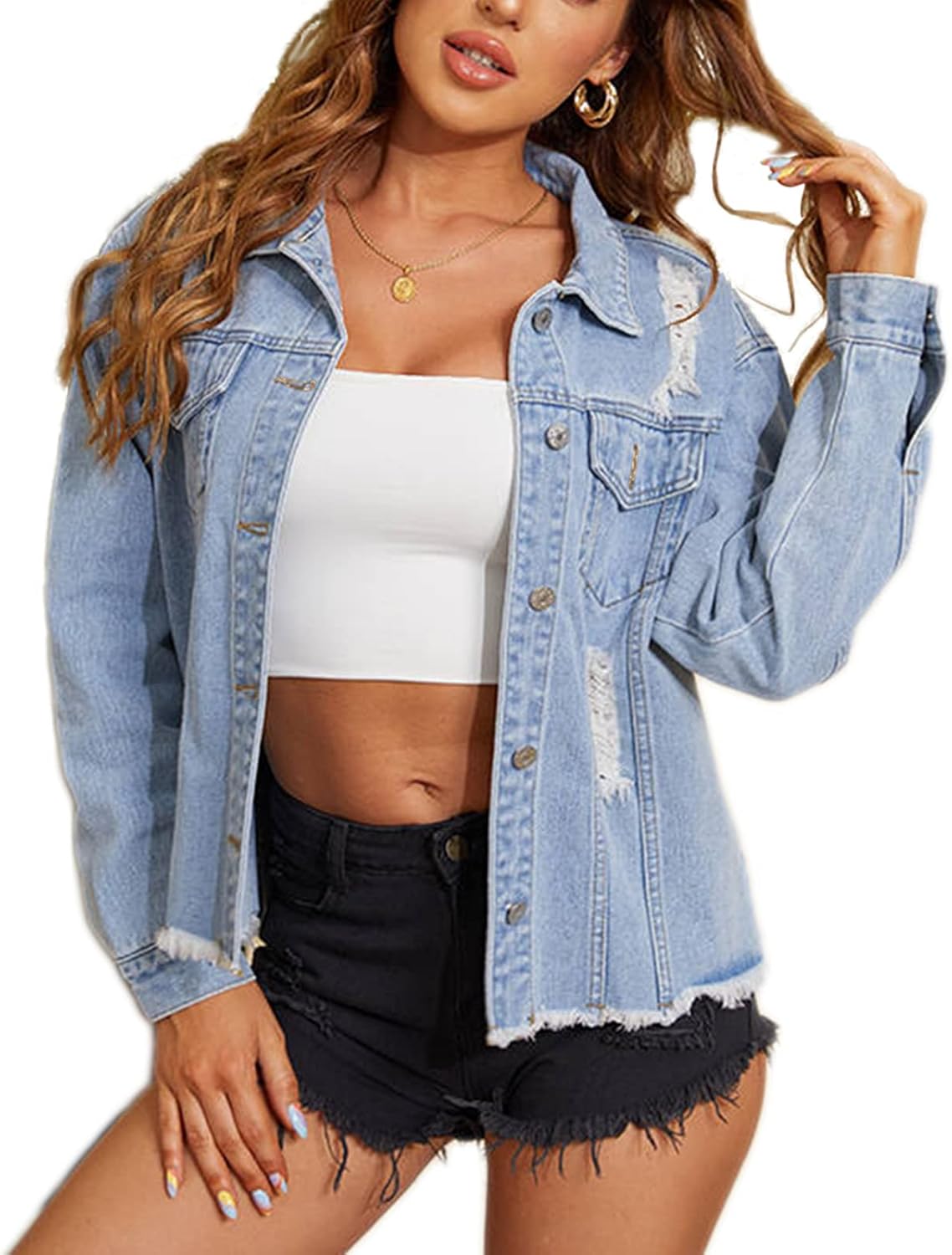 Saukiee Oversized Denim Jacket Distressed Boyfriend Jean Coat Jeans Trucker Jacket for Women Girls