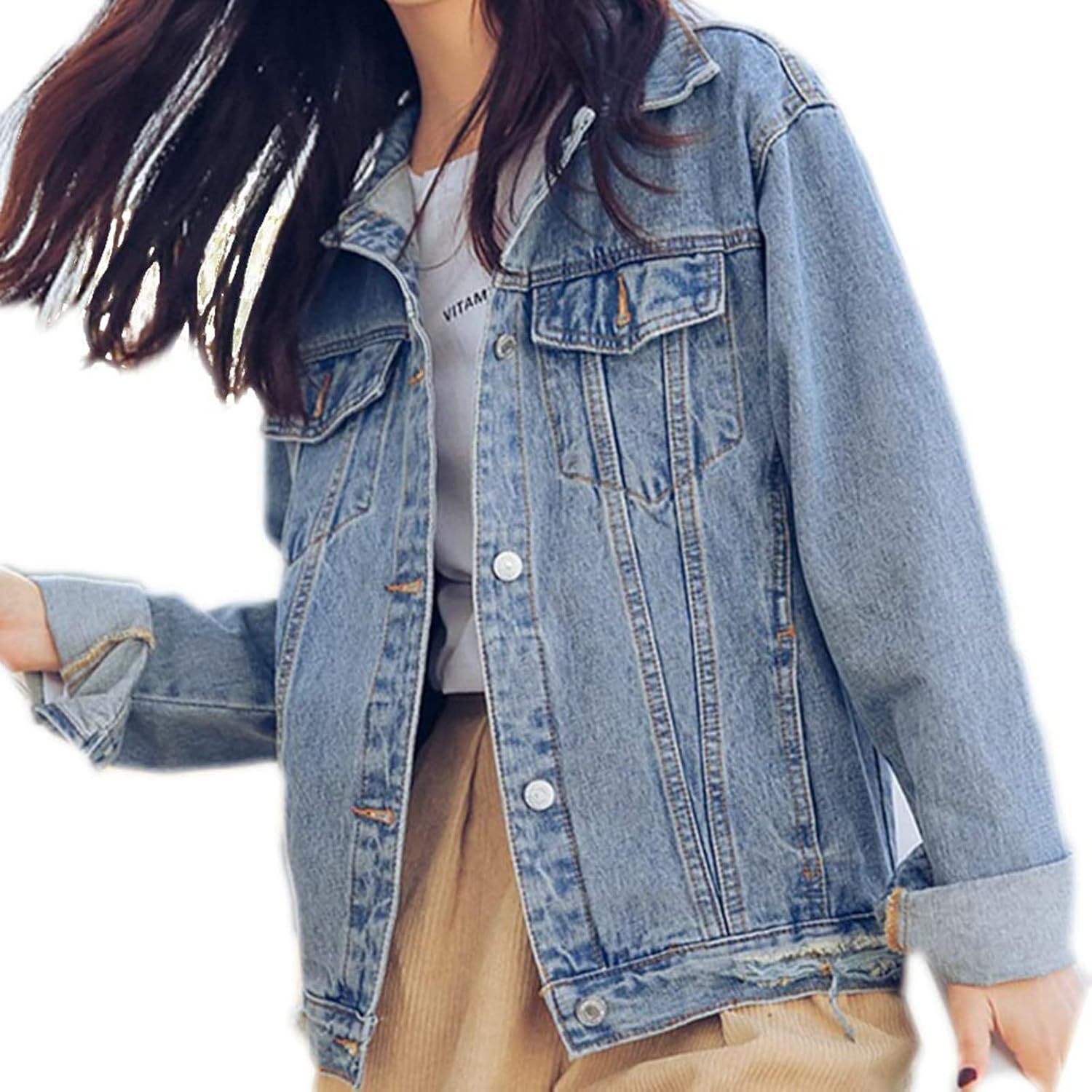 Saukiee Oversized Denim Jacket Distressed Boyfriend Jean Coat Jeans Trucker Jacket for Women Girls